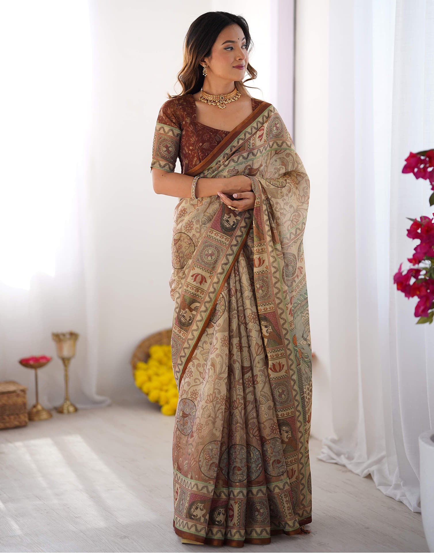 Light Beige Linen Floral Printed Saree