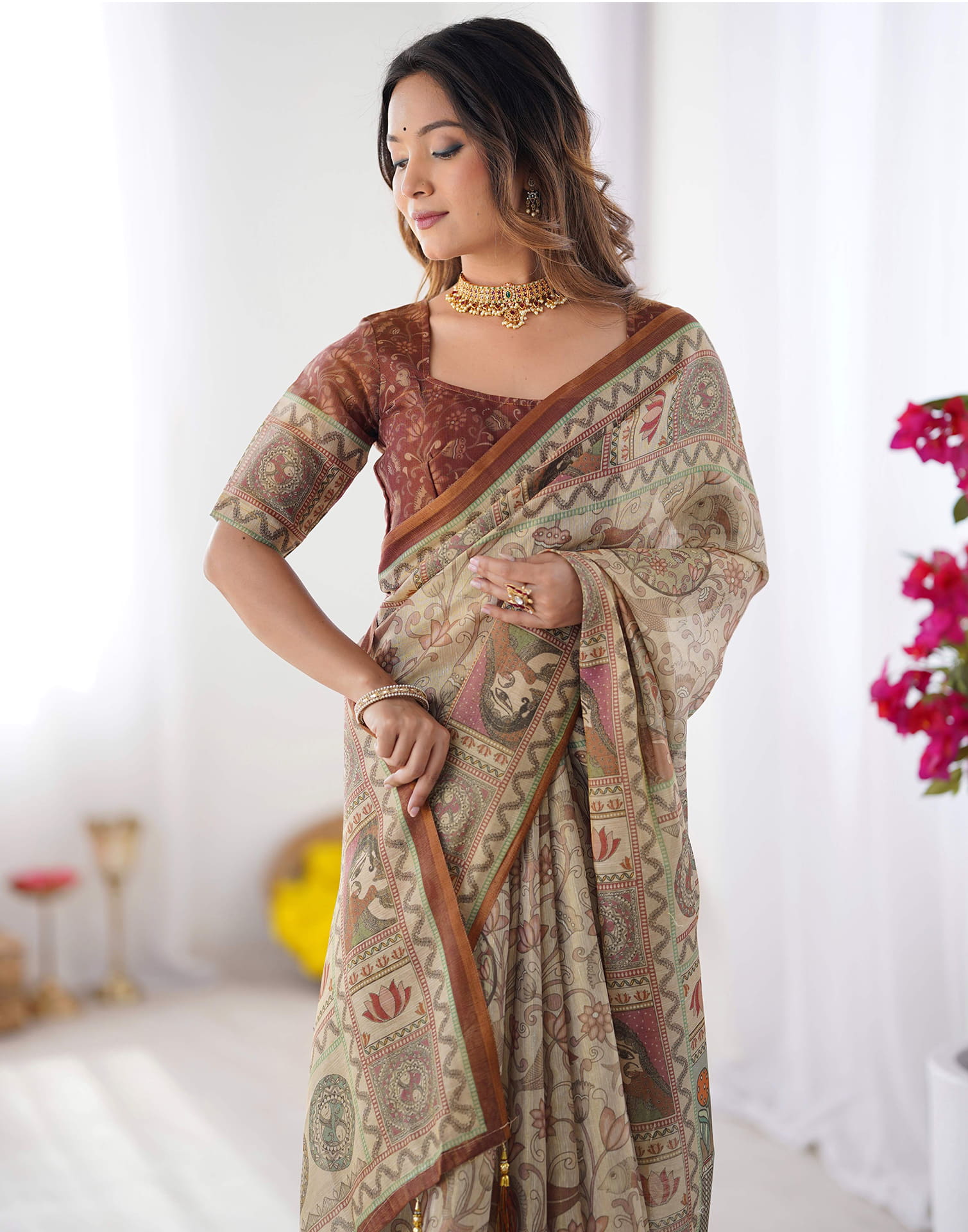 Light Beige Linen Floral Printed Saree