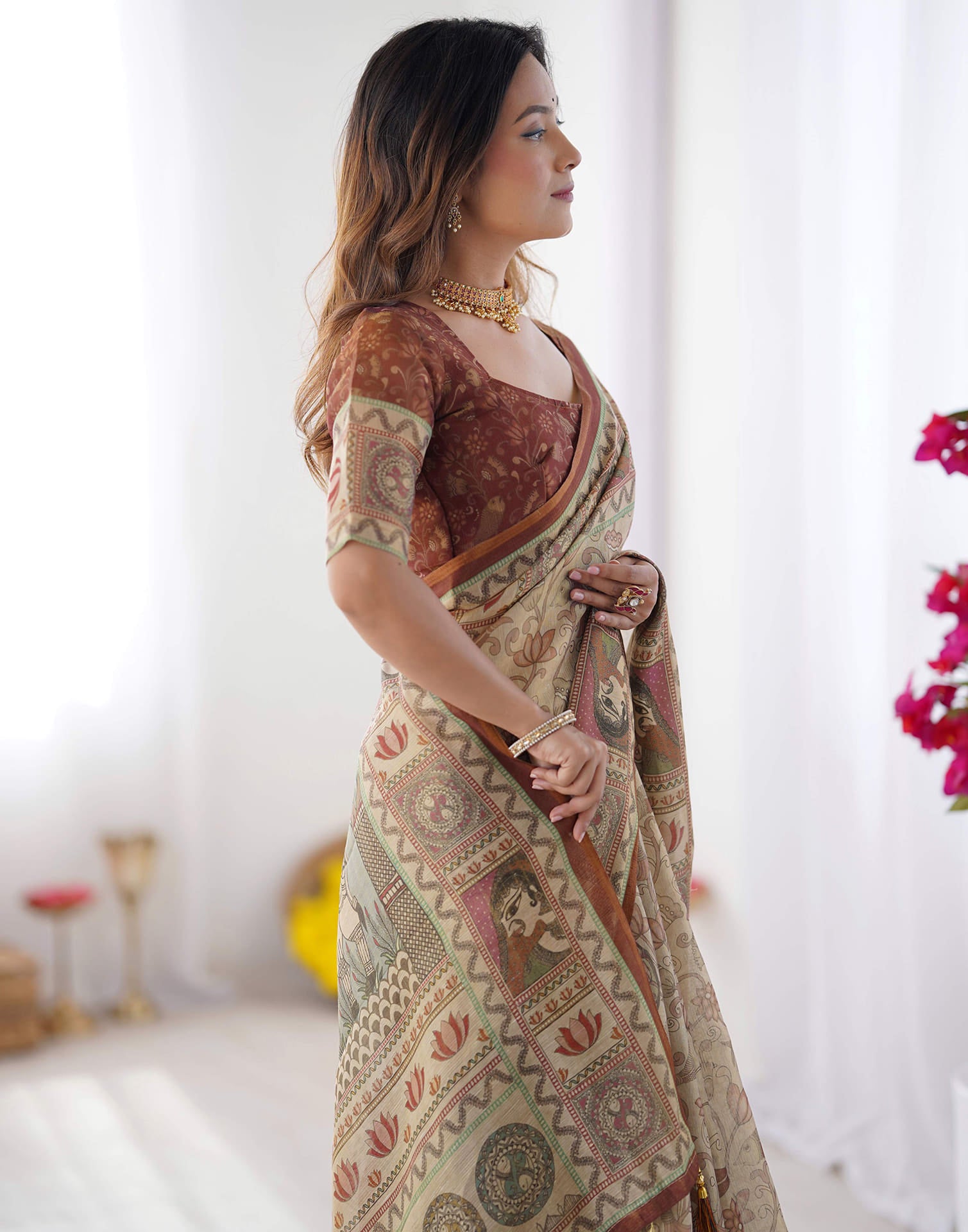 Light Beige Linen Floral Printed Saree
