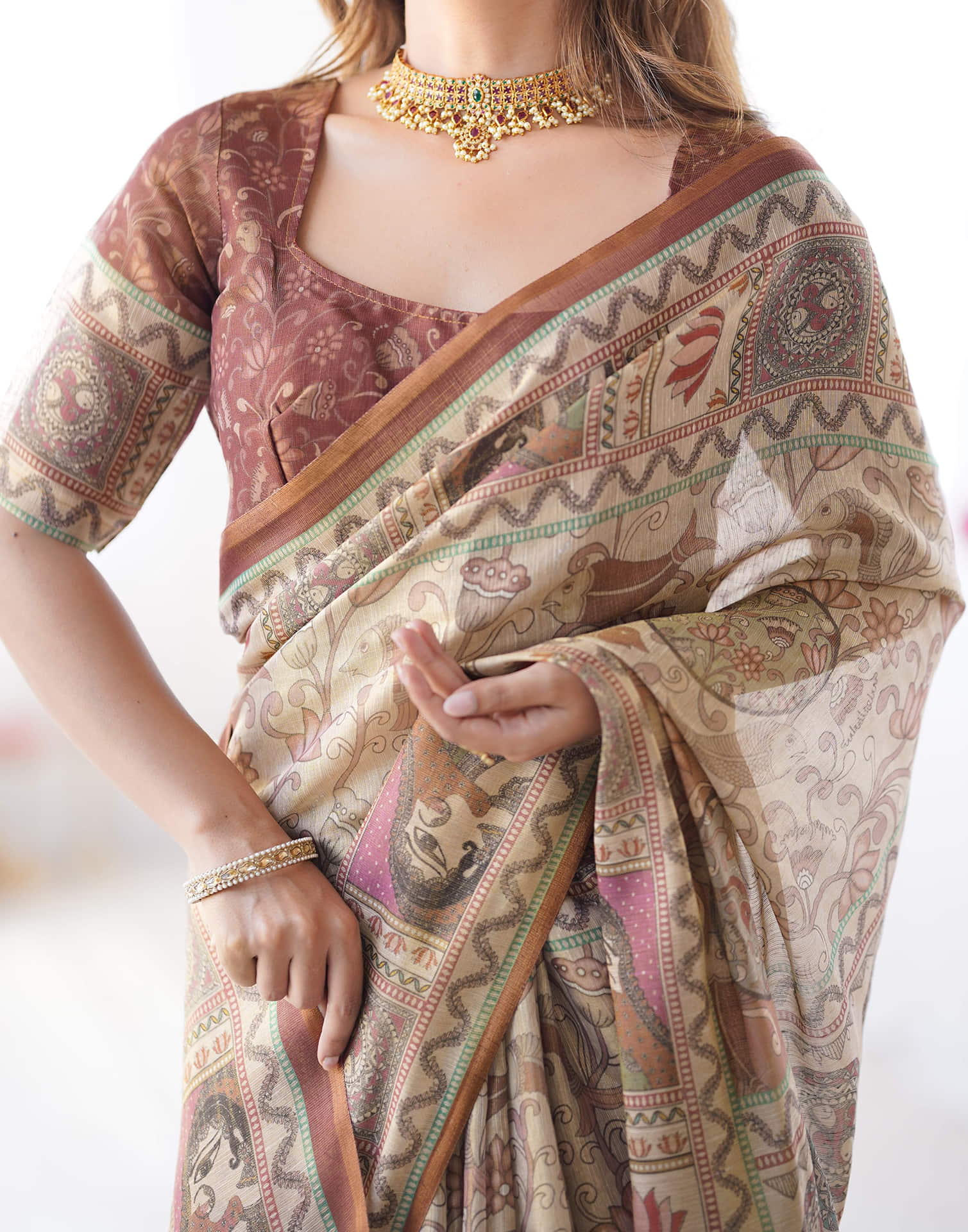 Light Beige Linen Floral Printed Saree
