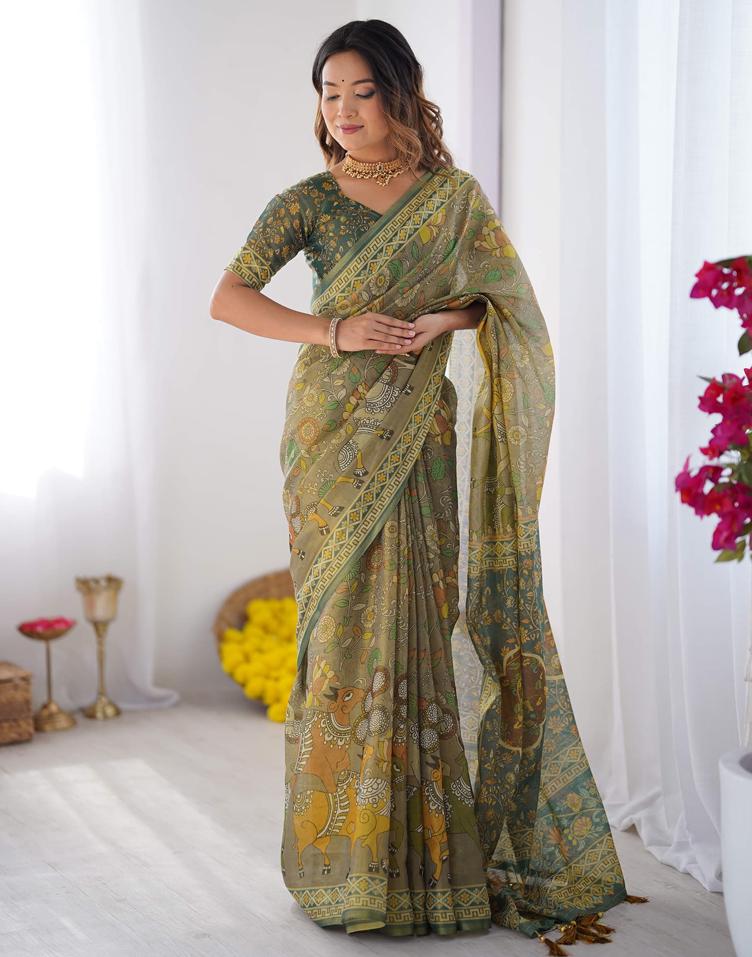Grey Linen Kalamkari Saree