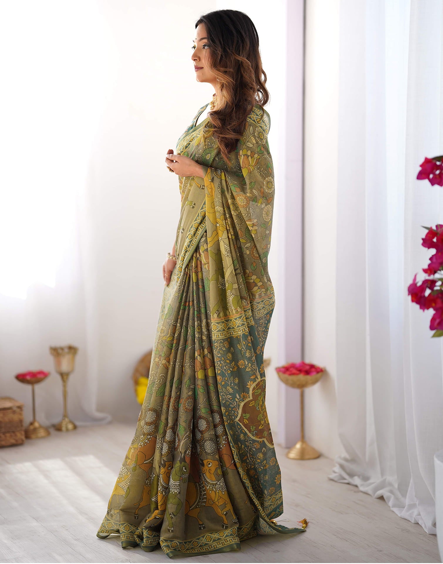Grey Linen Kalamkari Saree