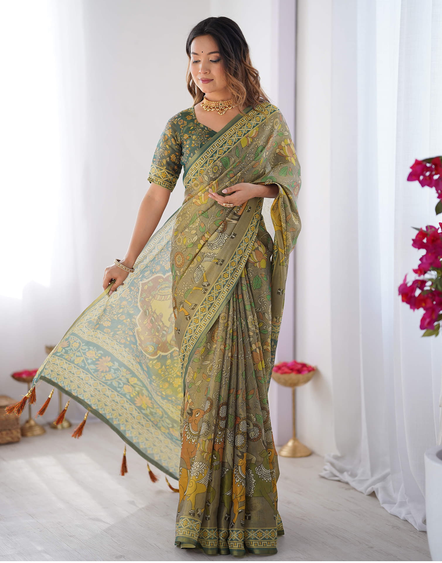 Grey Linen Kalamkari Saree