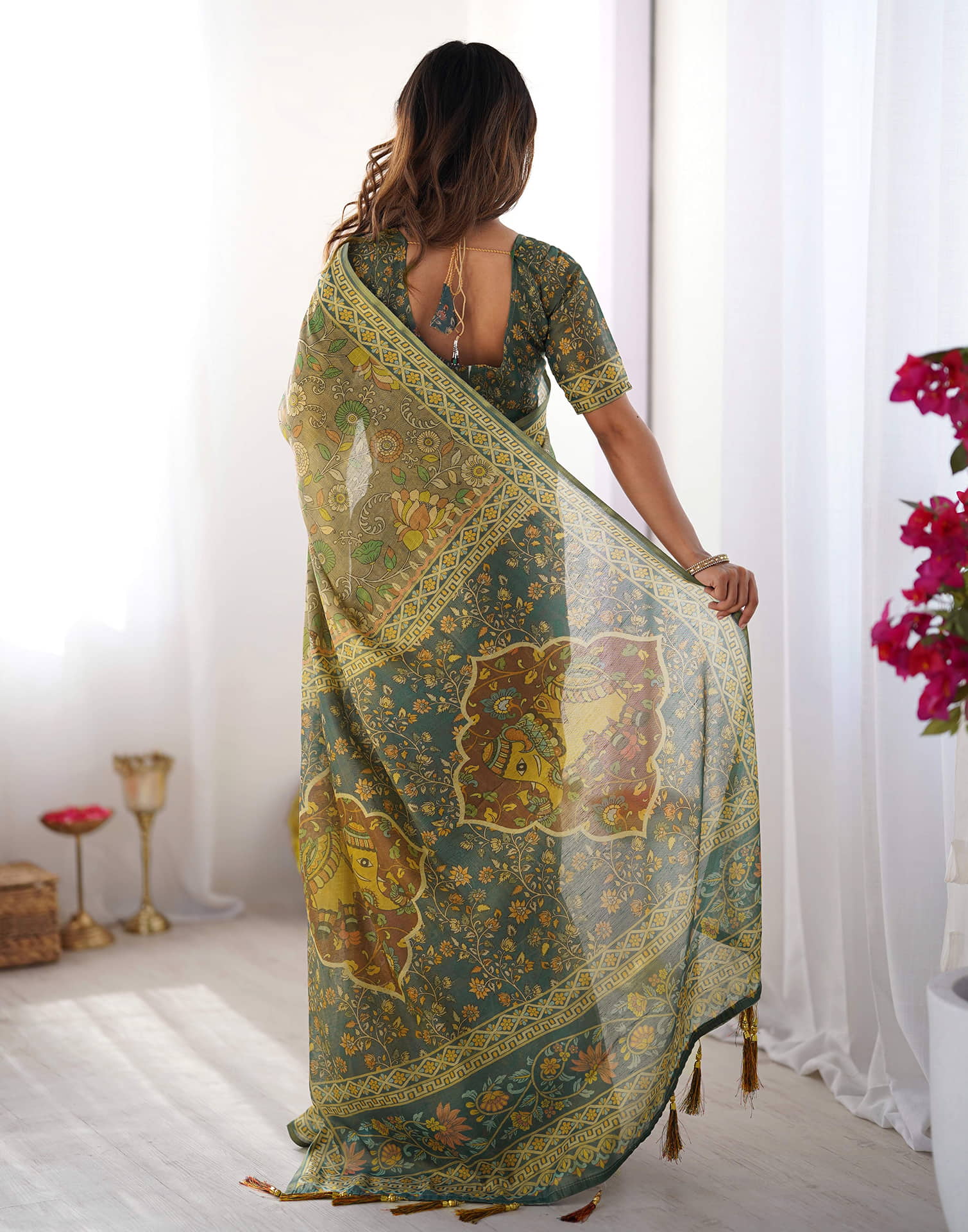 Grey Linen Kalamkari Saree
