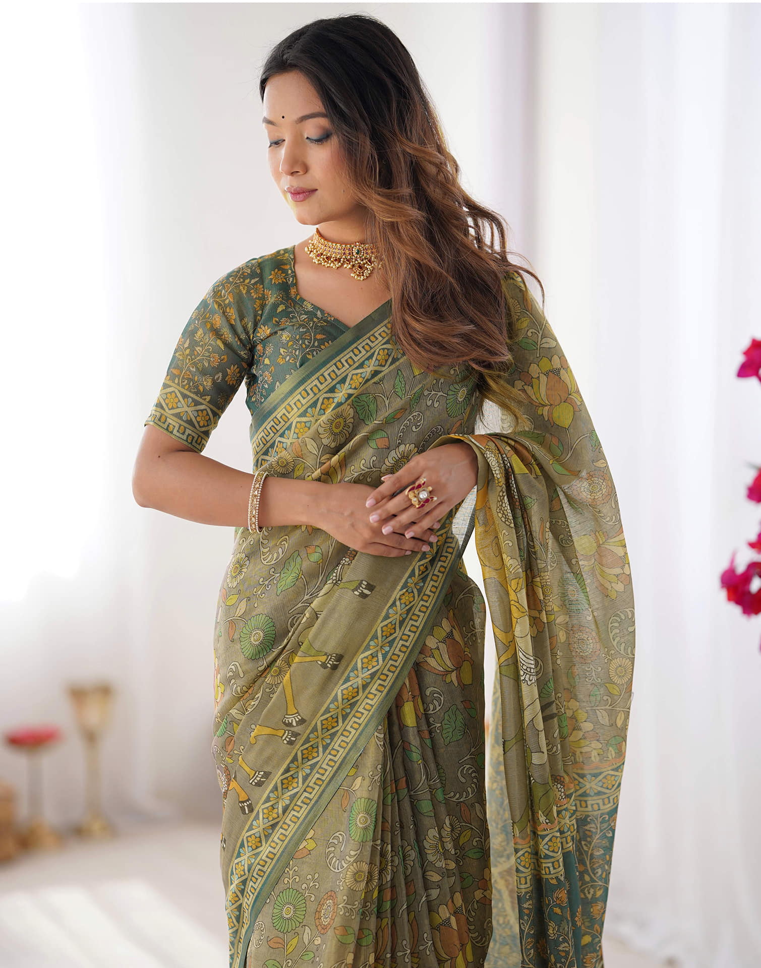 Grey Linen Kalamkari Saree