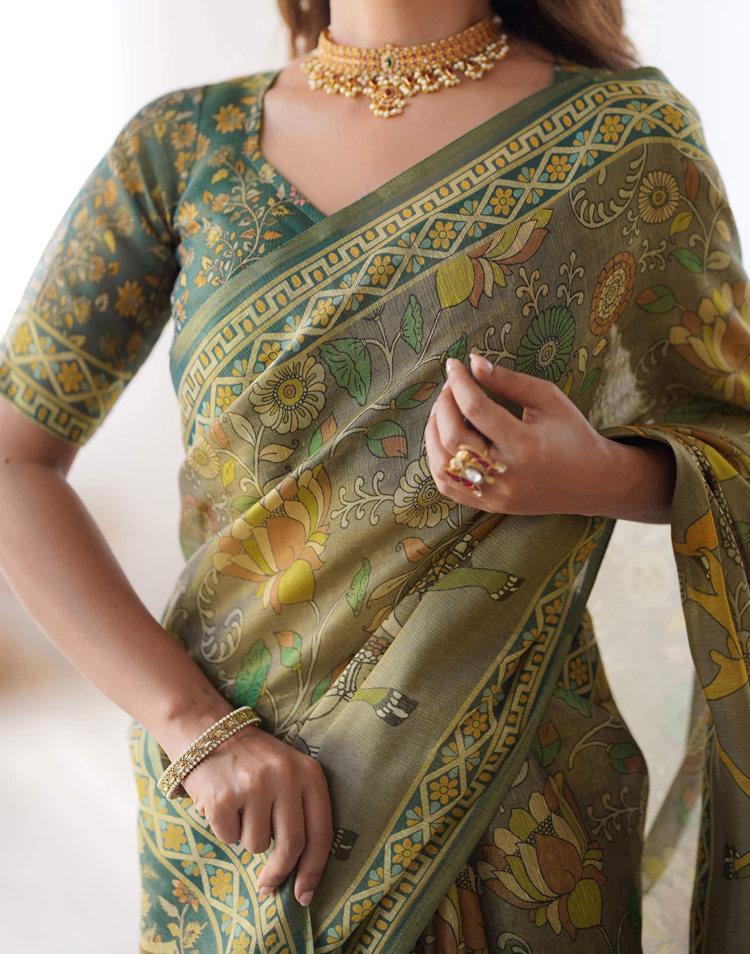 Grey Linen Kalamkari Saree