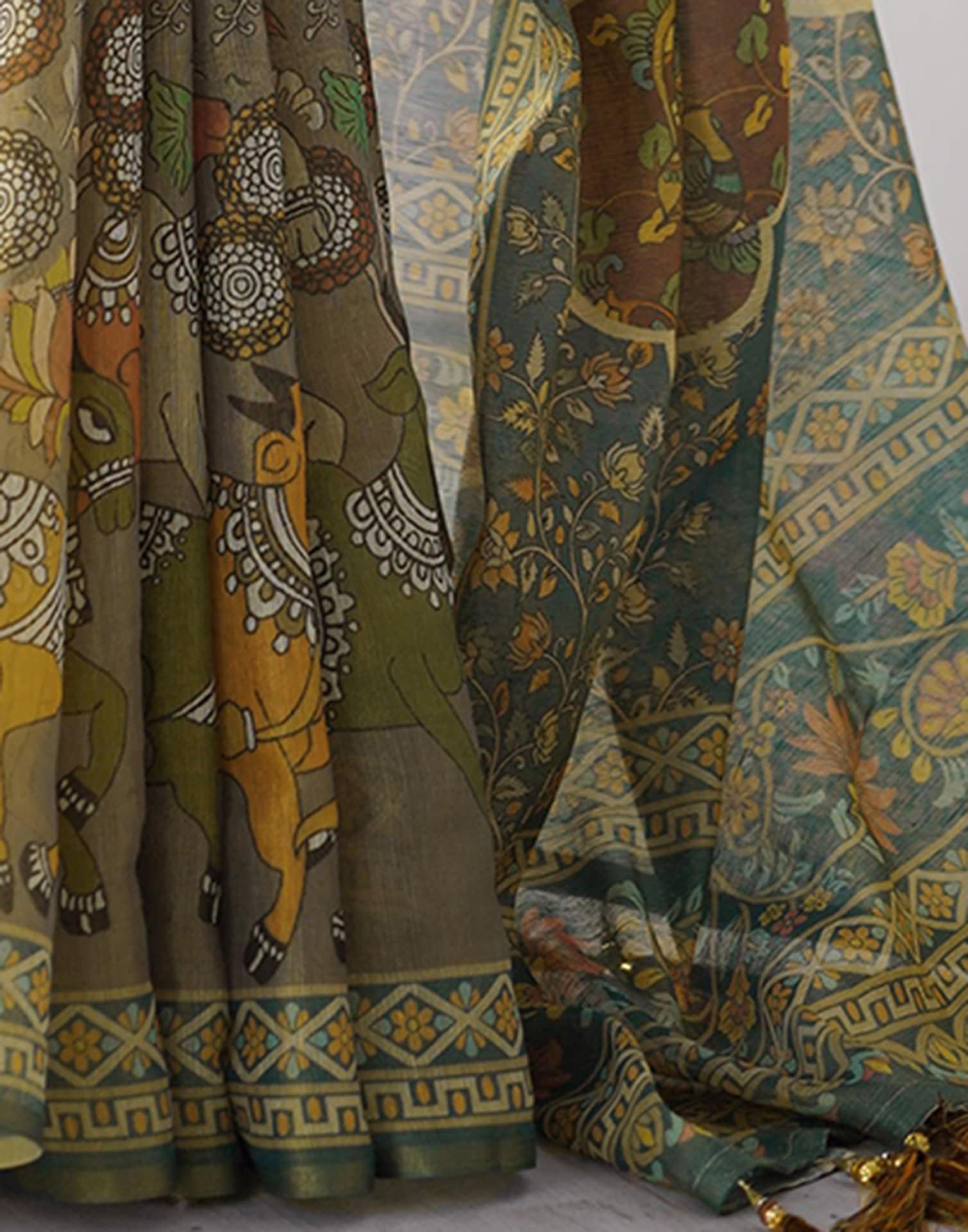 Grey Linen Kalamkari Saree