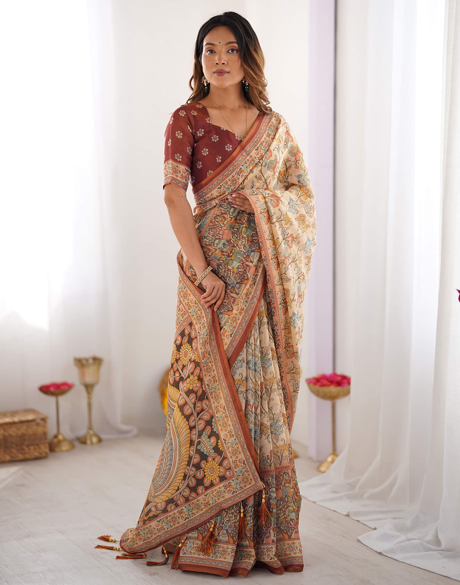Light Beige Linen Floral Printed Saree