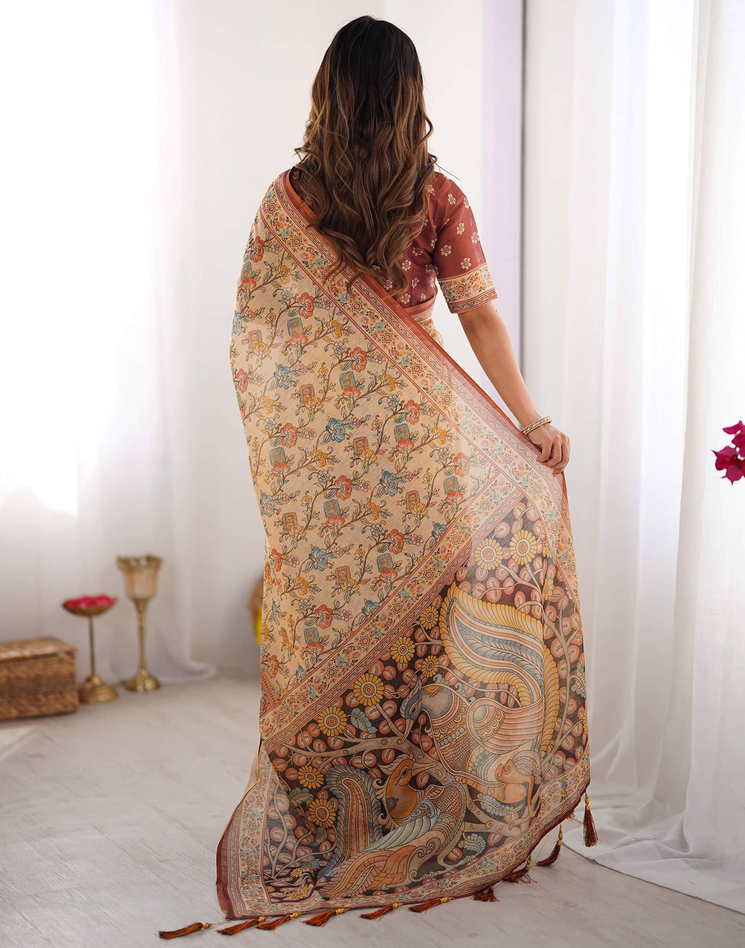 Light Beige Linen Floral Printed Saree