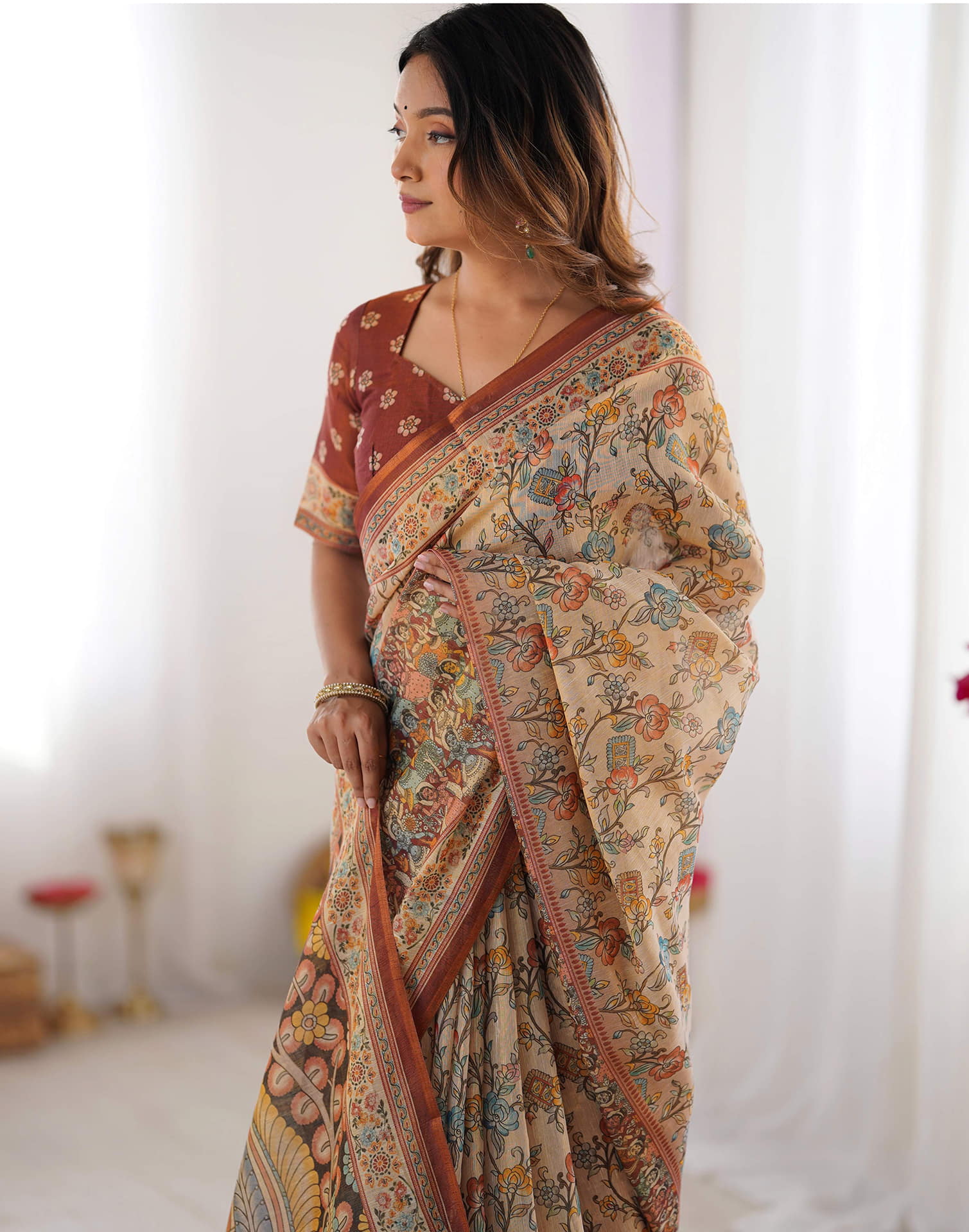 Light Beige Linen Floral Printed Saree