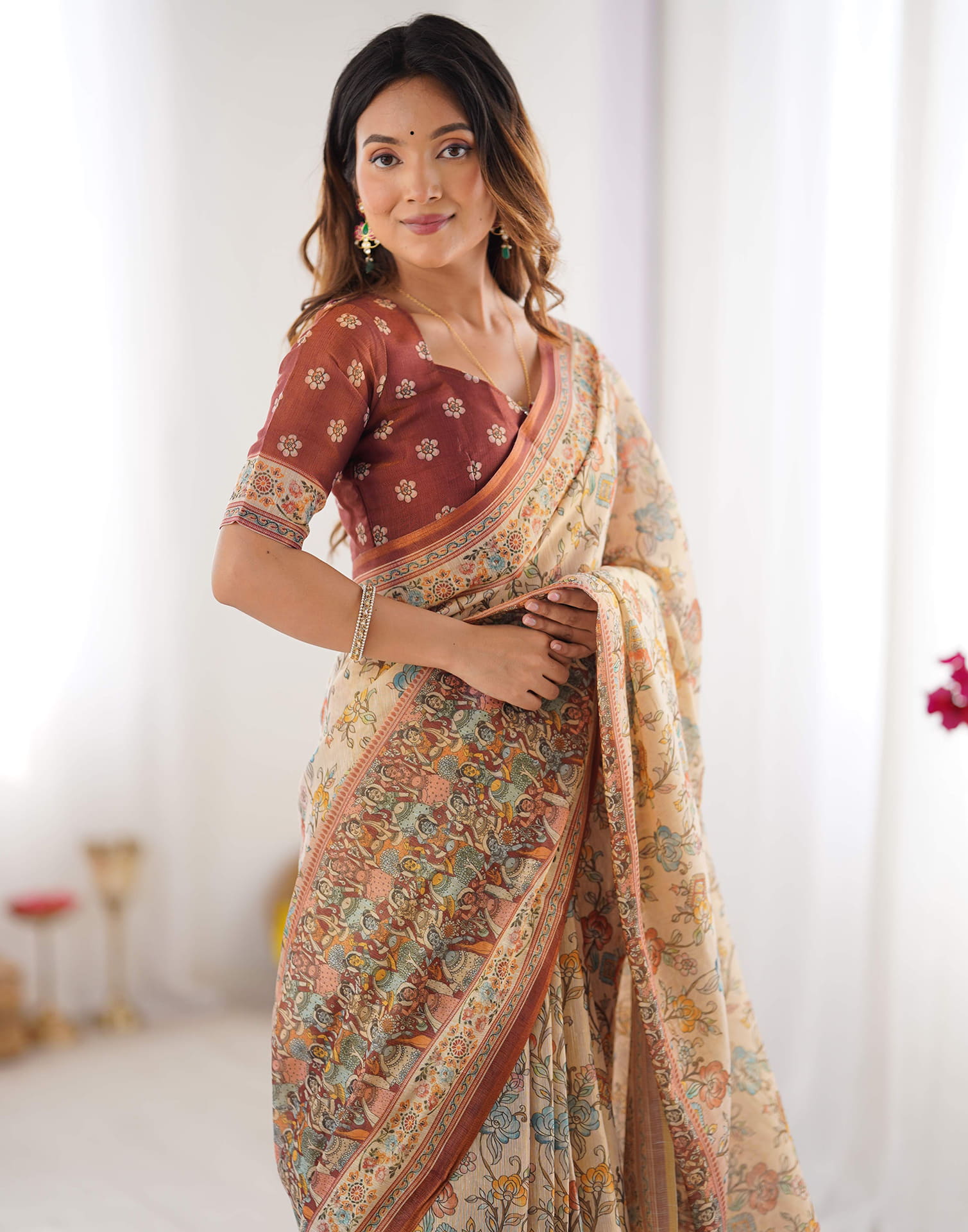 Light Beige Linen Floral Printed Saree