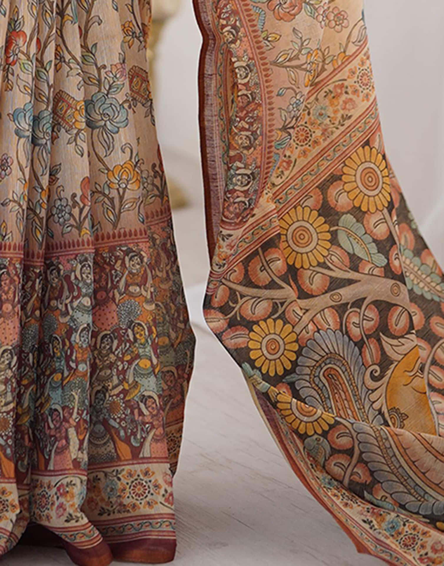 Light Beige Linen Floral Printed Saree