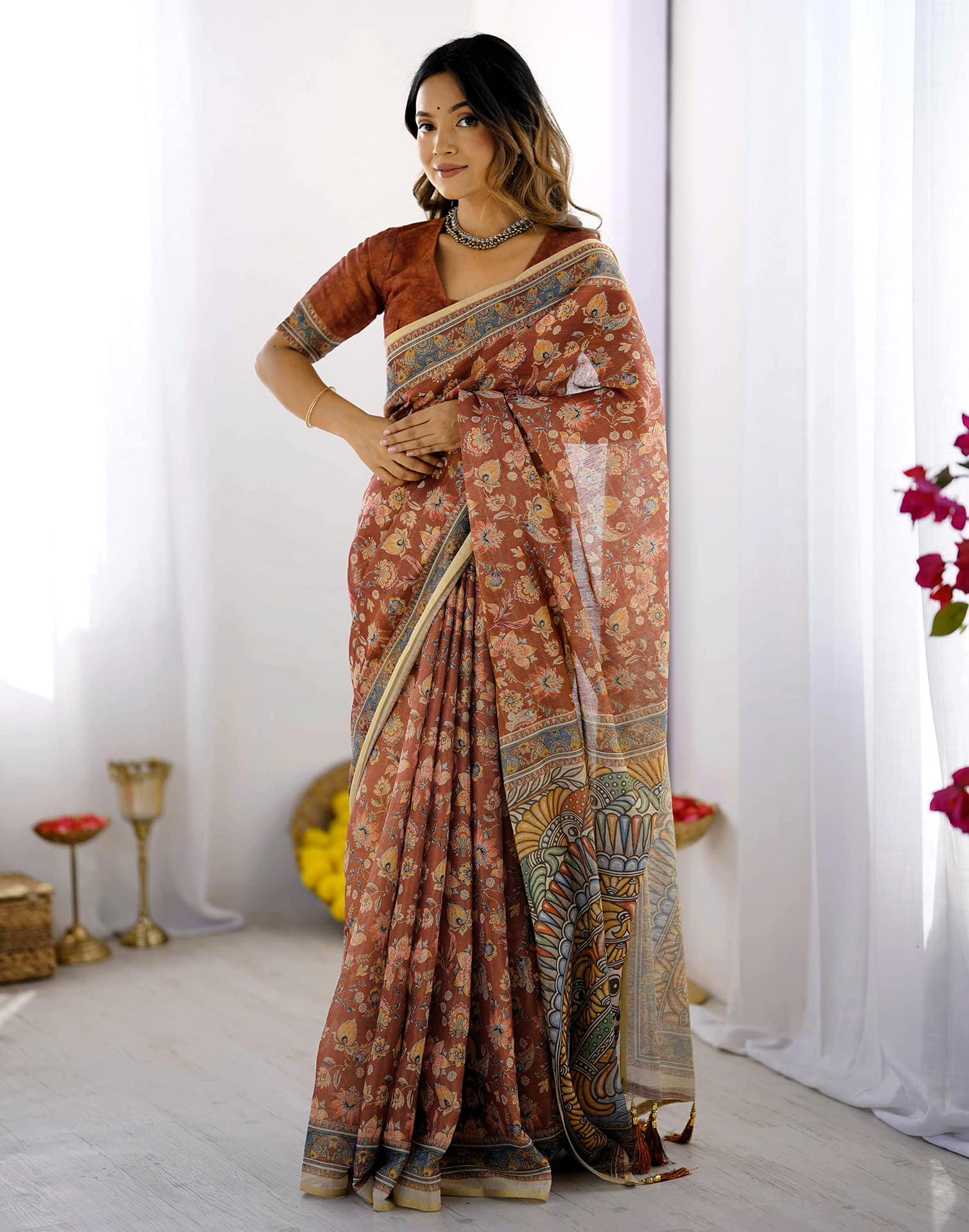 Chestnut Brown Linen Floral Printed Saree