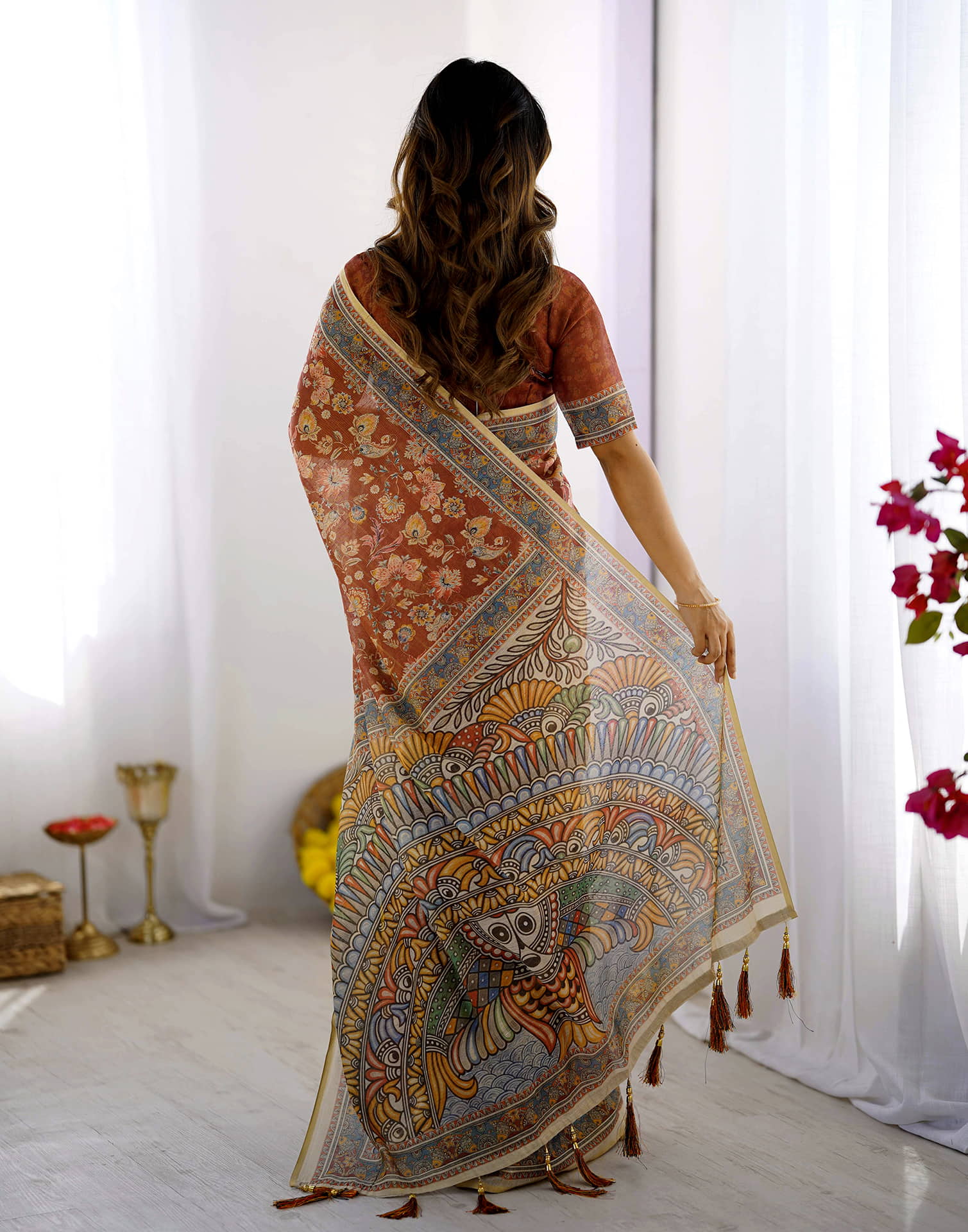 Chestnut Brown Linen Floral Printed Saree