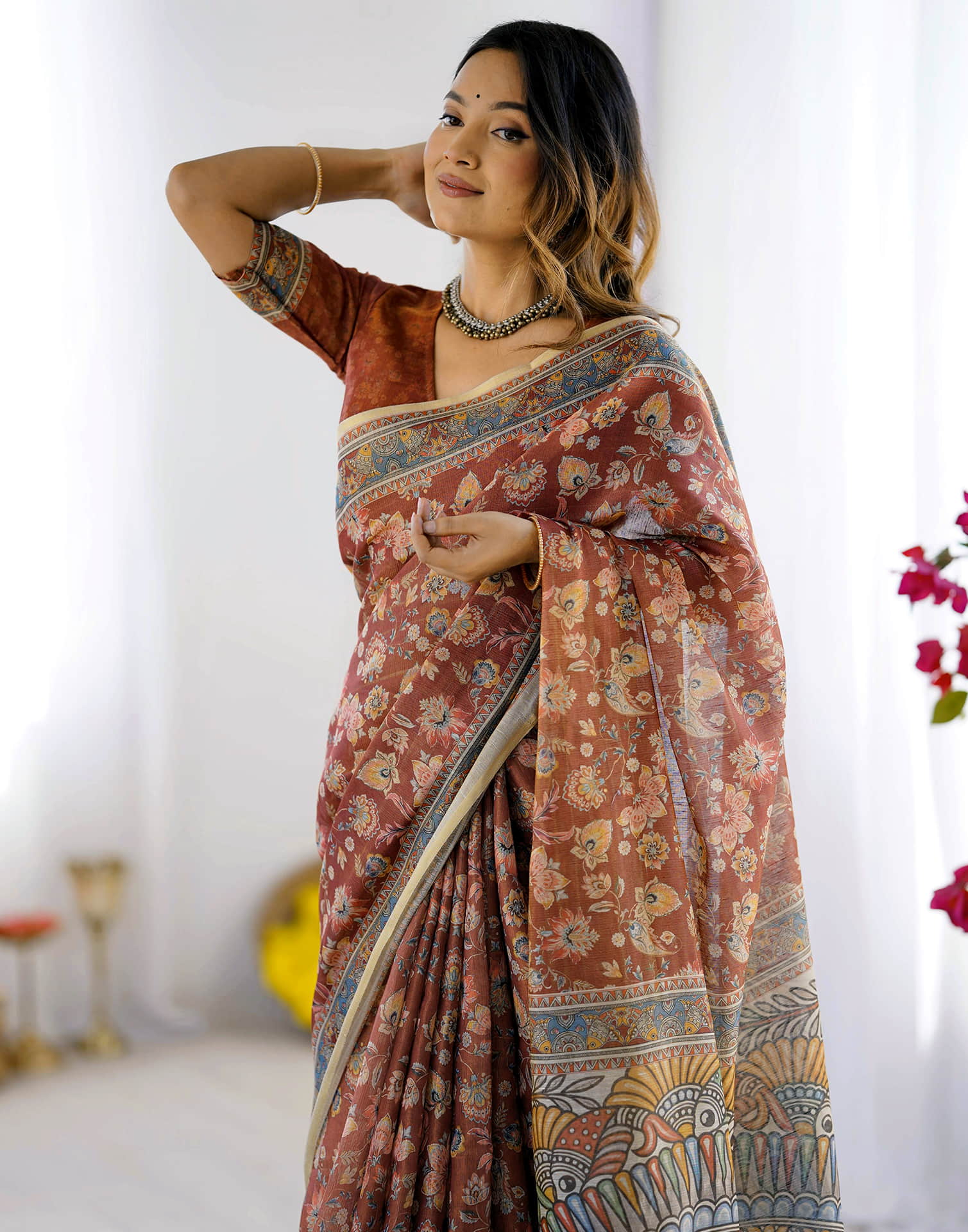 Chestnut Brown Linen Floral Printed Saree