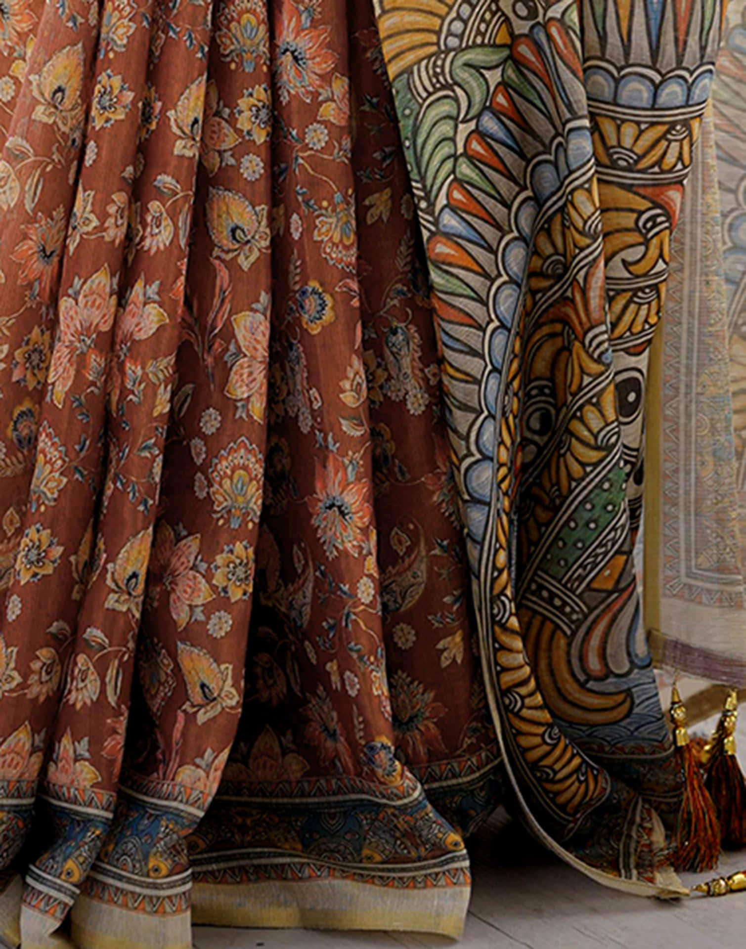 Chestnut Brown Linen Floral Printed Saree