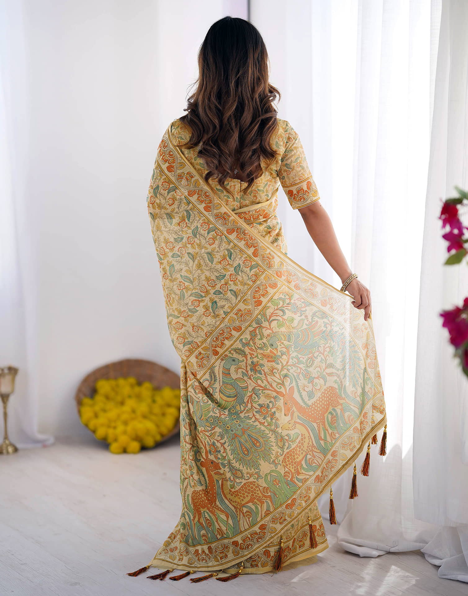 Light Beige Linen Floral Printed Saree