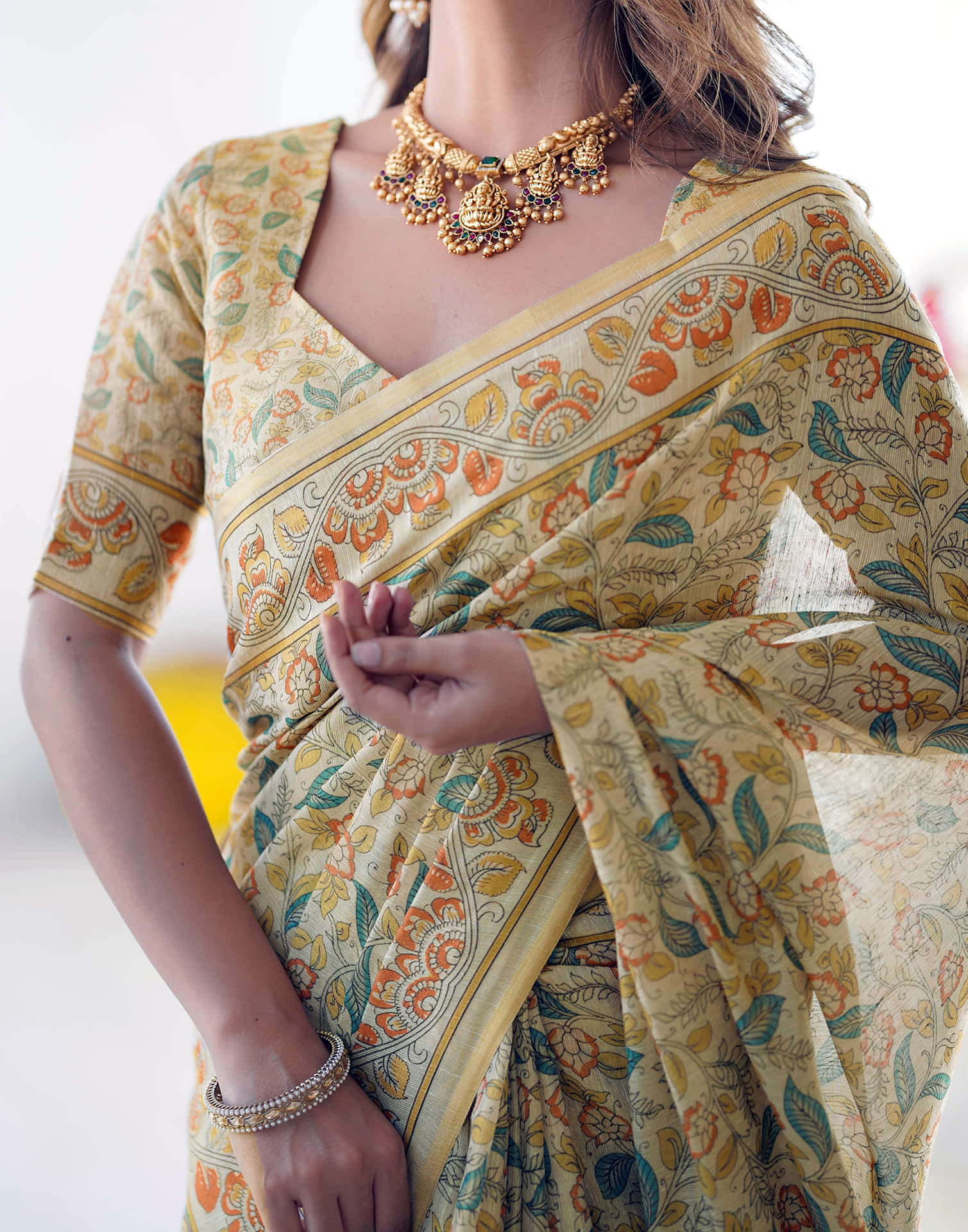 Light Beige Linen Floral Printed Saree