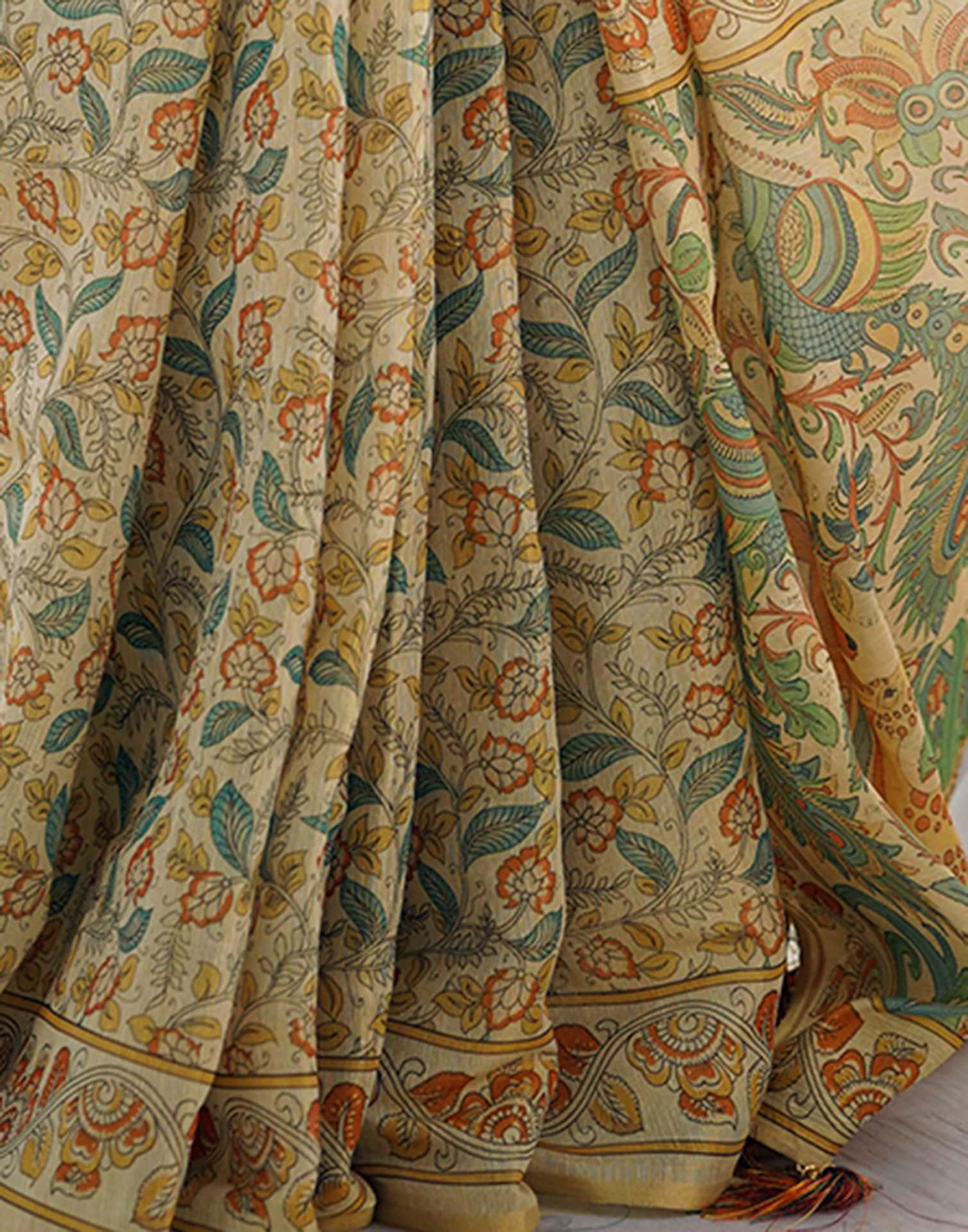 Light Beige Linen Floral Printed Saree