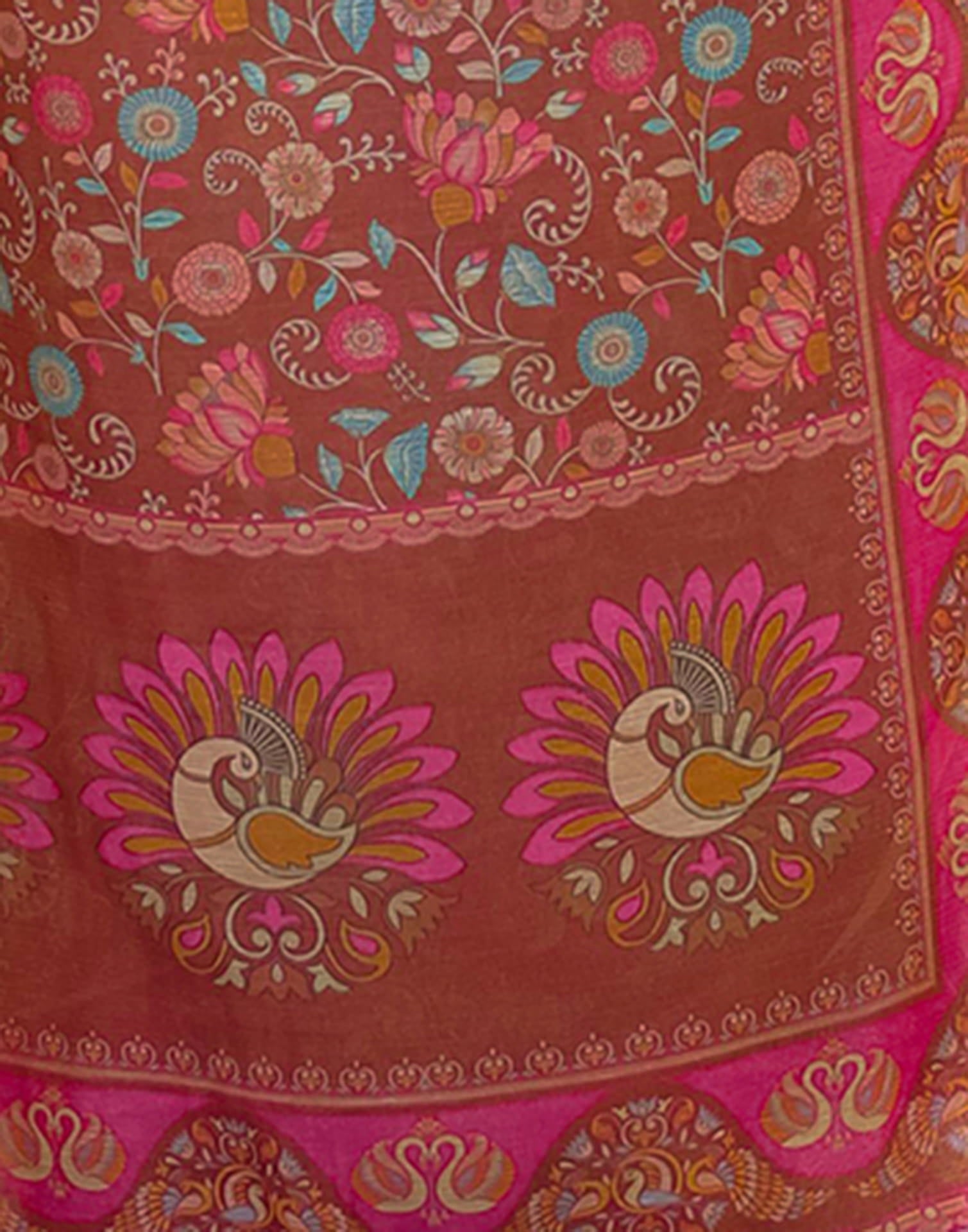Brown Linen Floral Printed Saree