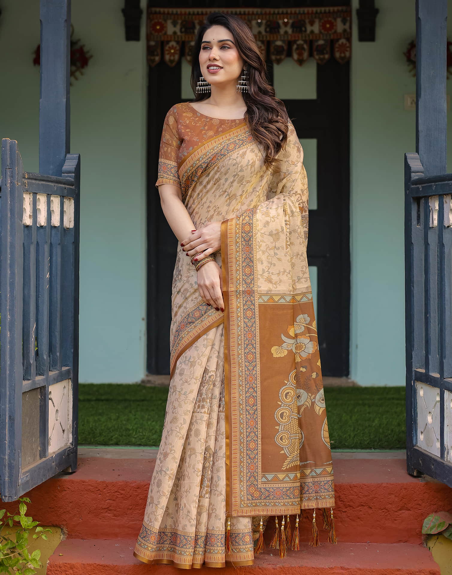 Light Beige Linen Floral Printed Saree