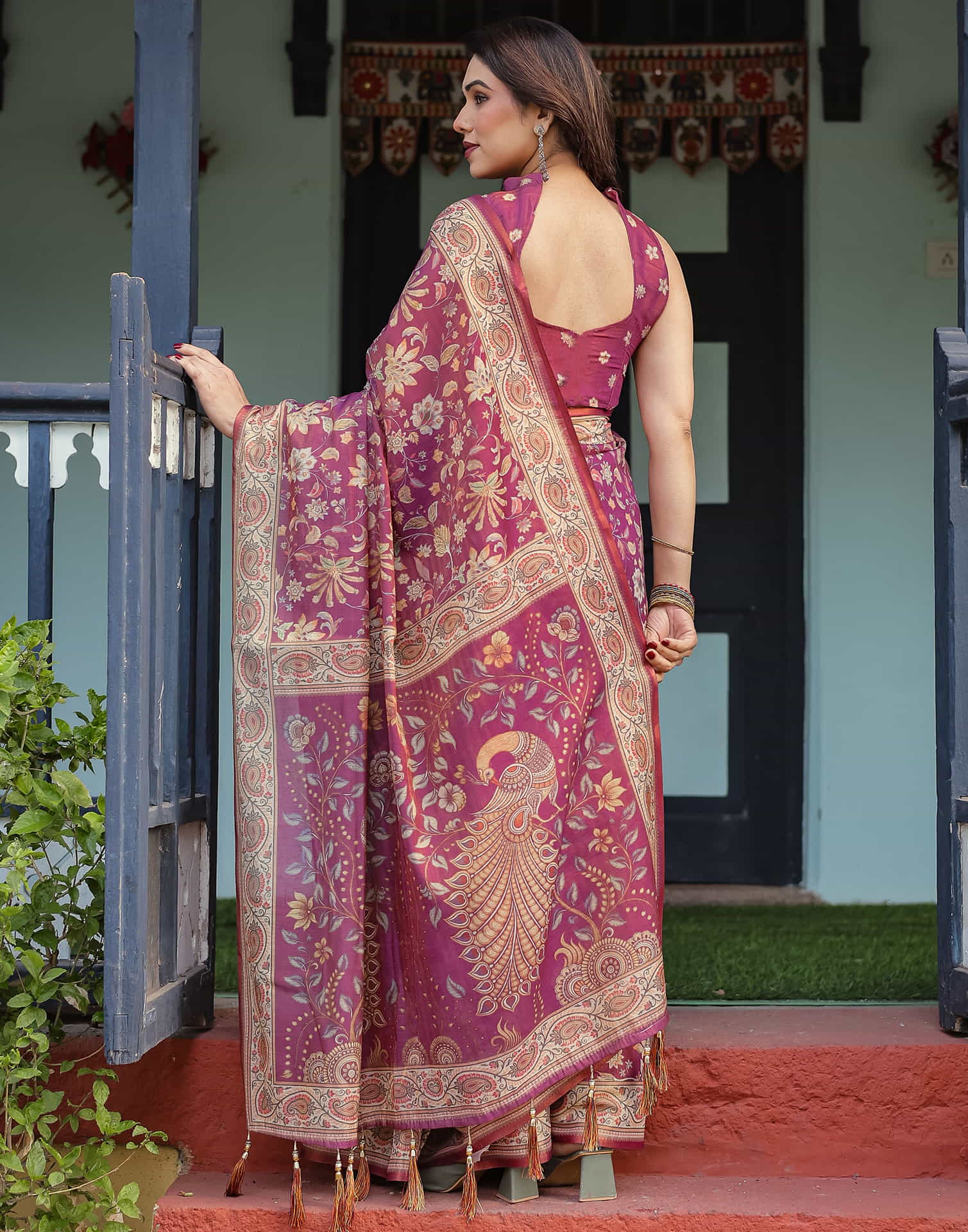 Dark Pink Linen Floral Printed Saree