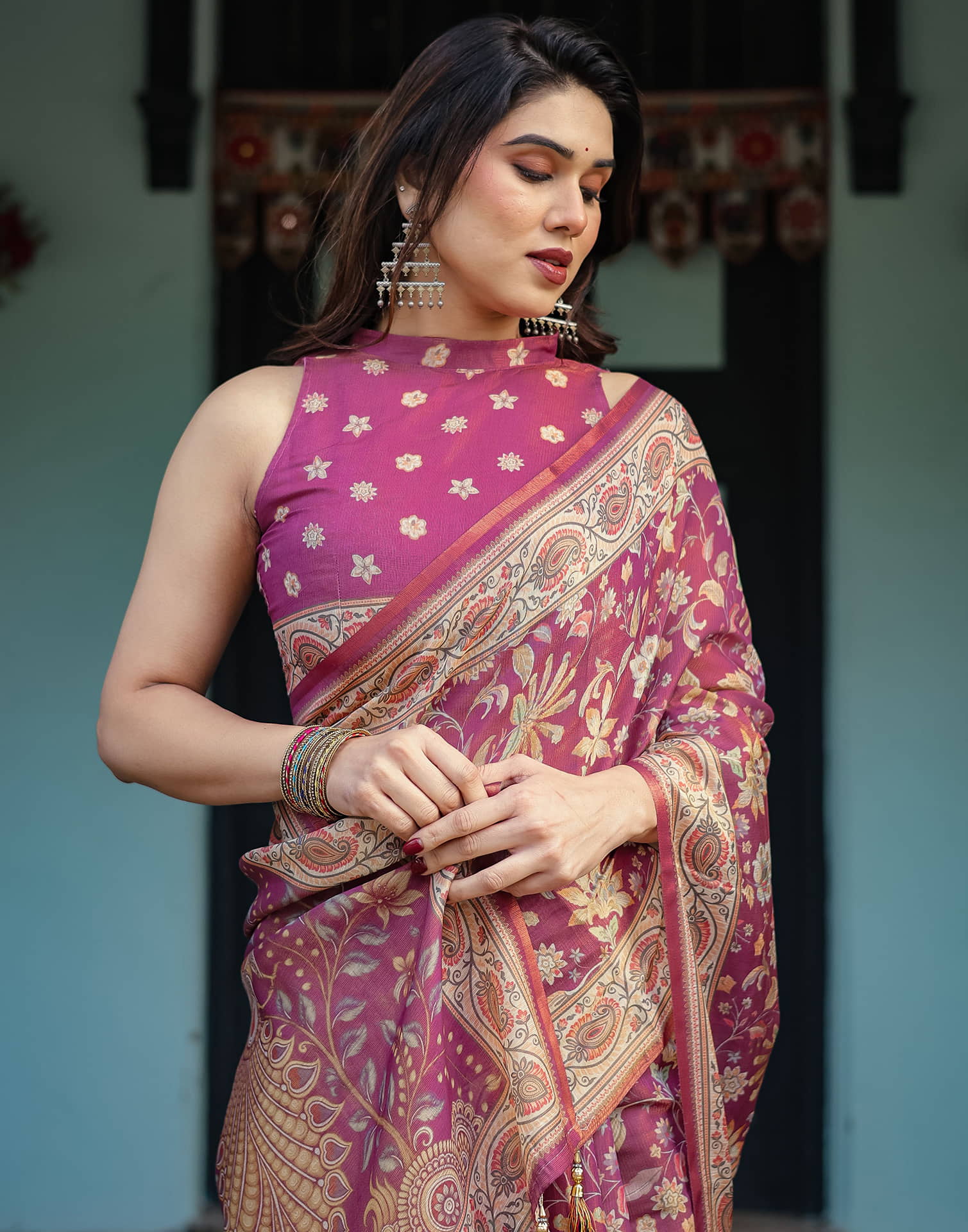 Dark Pink Linen Floral Printed Saree