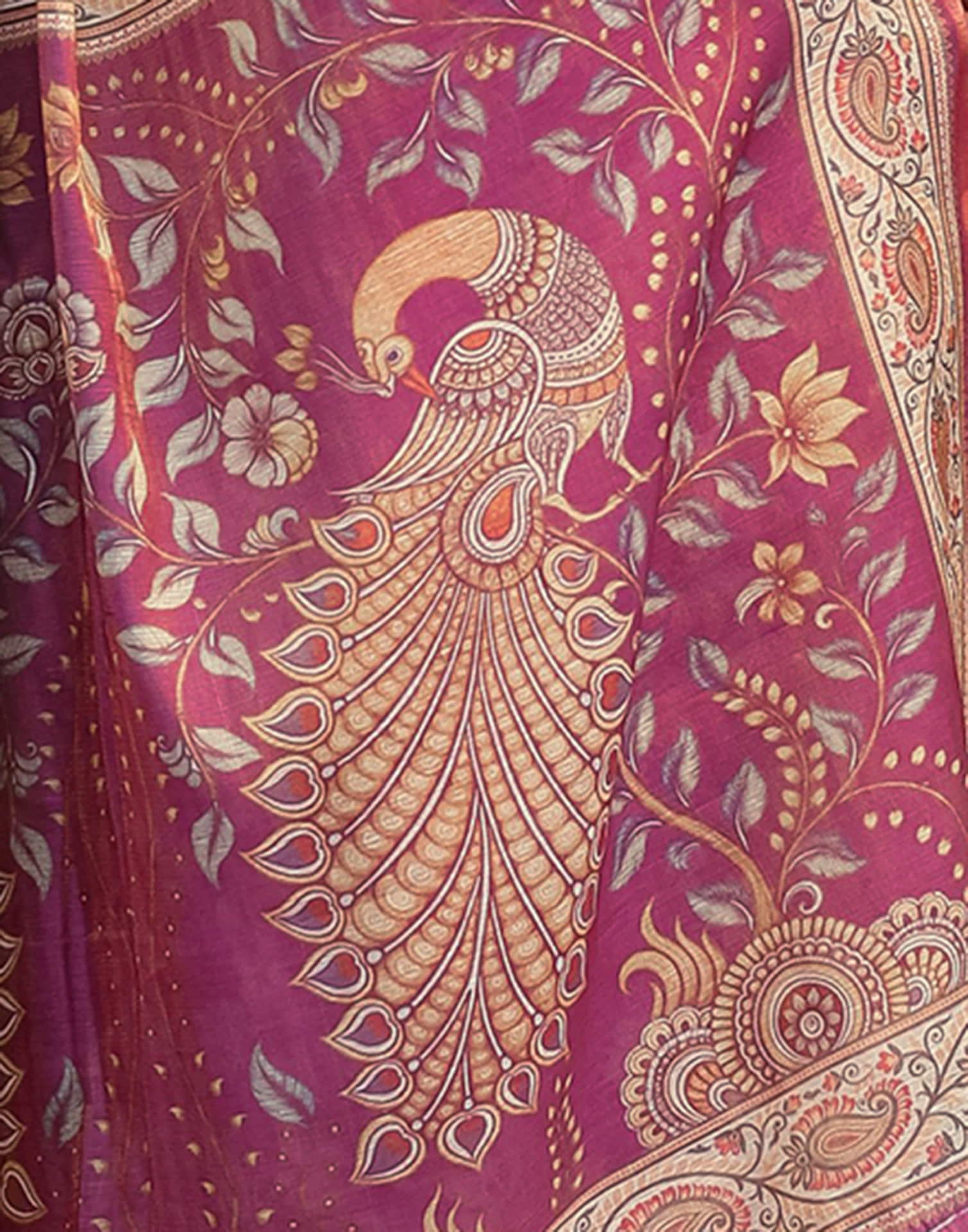 Dark Pink Linen Floral Printed Saree