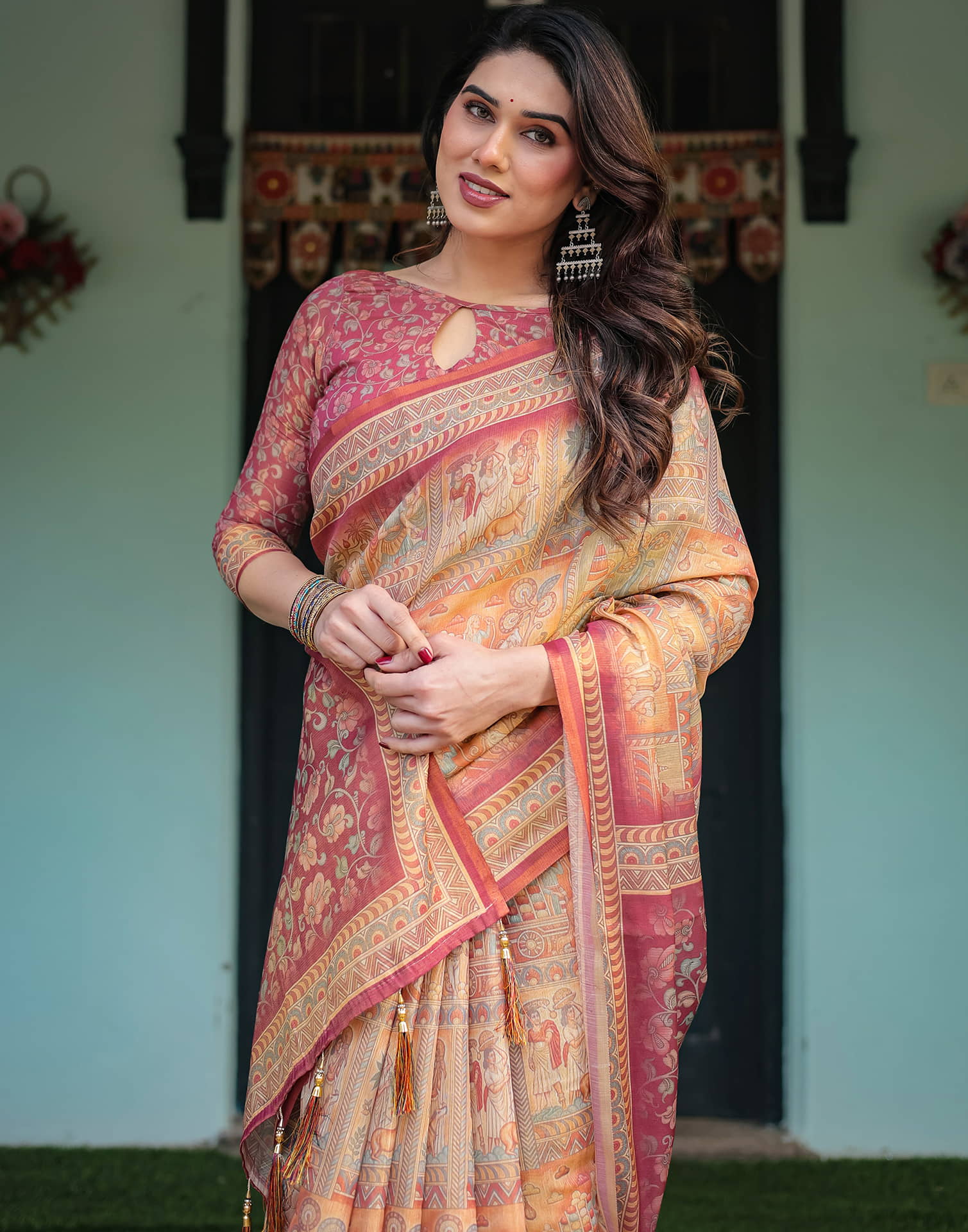 Pink Linen Printed Saree