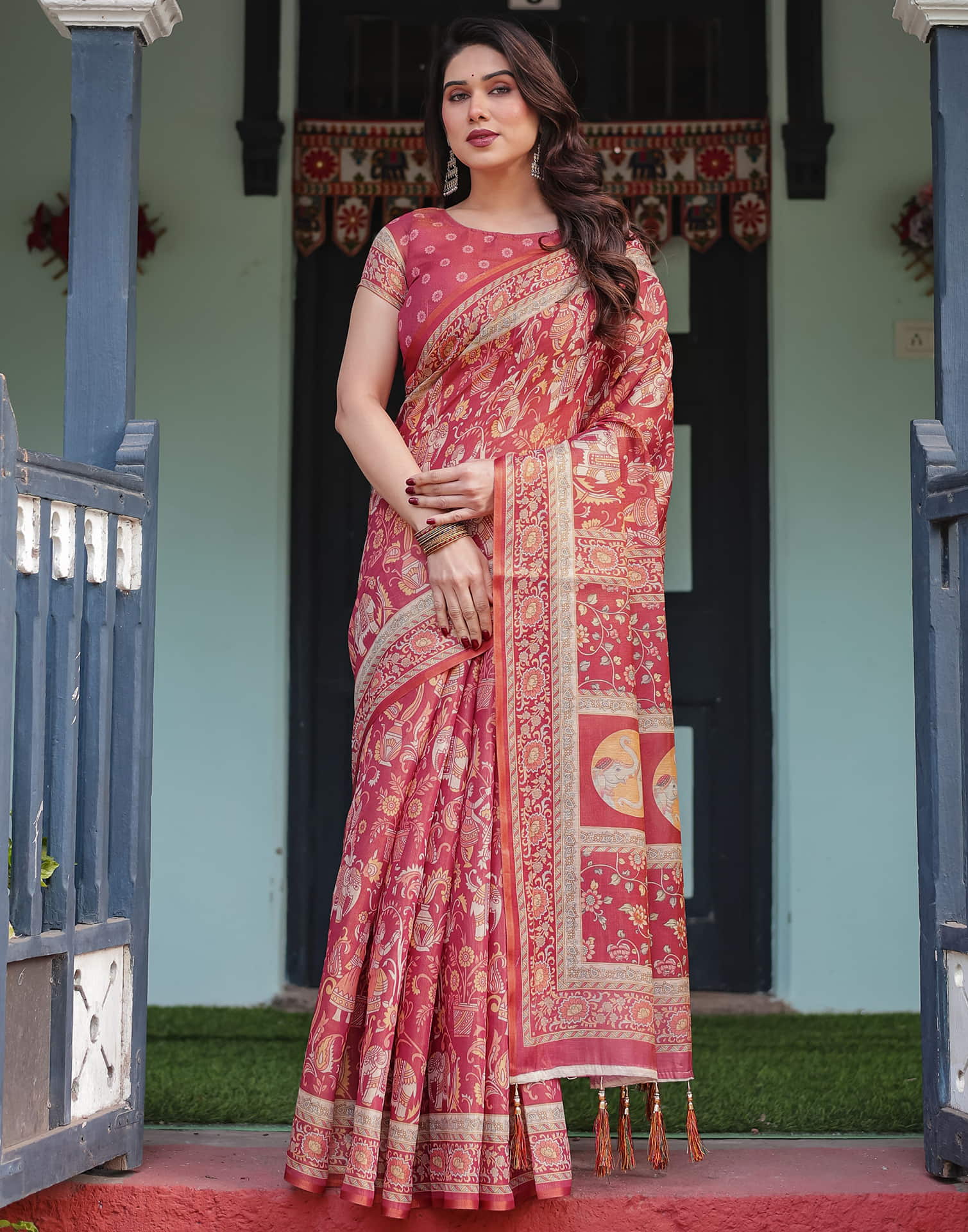Dark Pink Linen Printed Saree