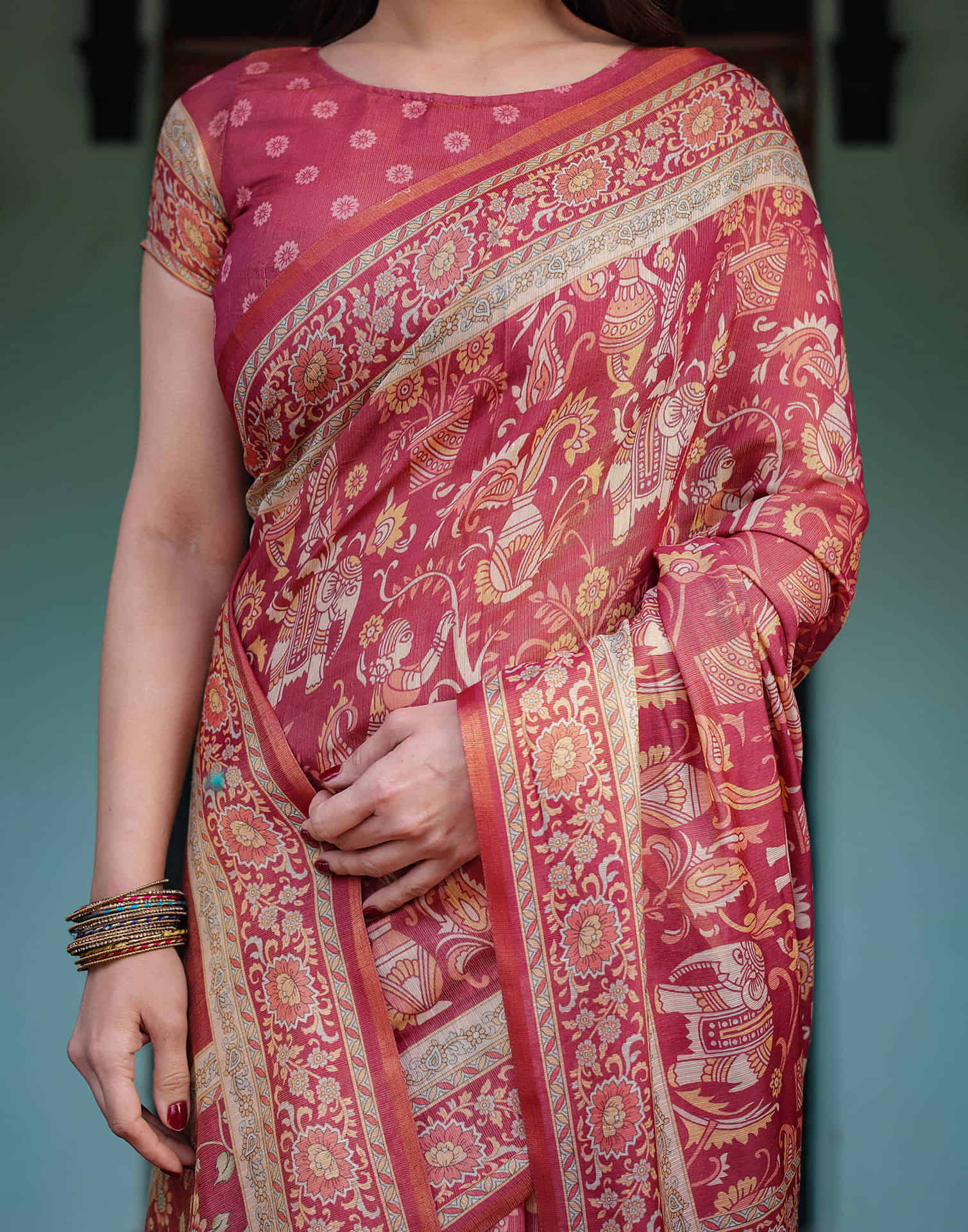 Dark Pink Linen Printed Saree
