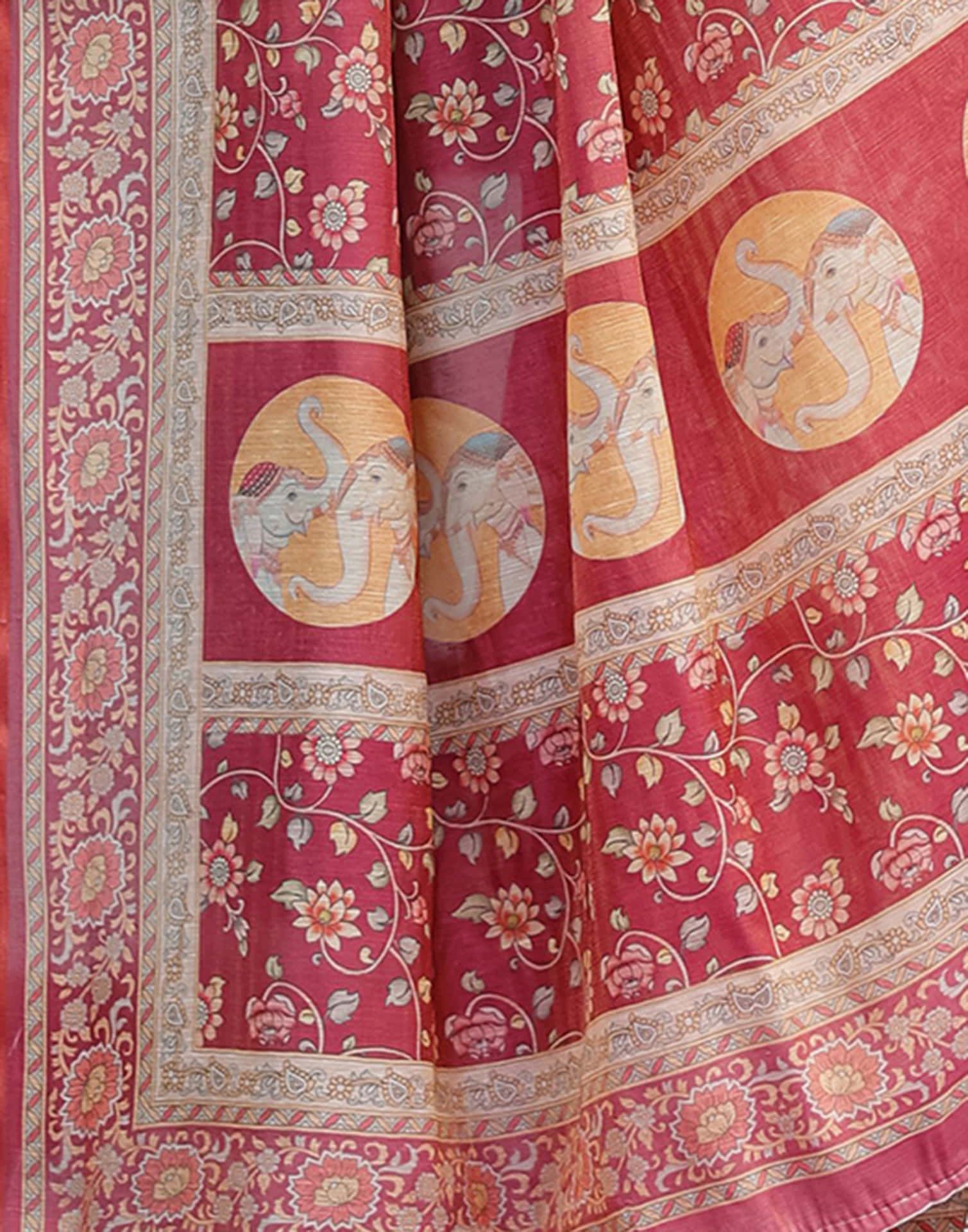 Dark Pink Linen Printed Saree
