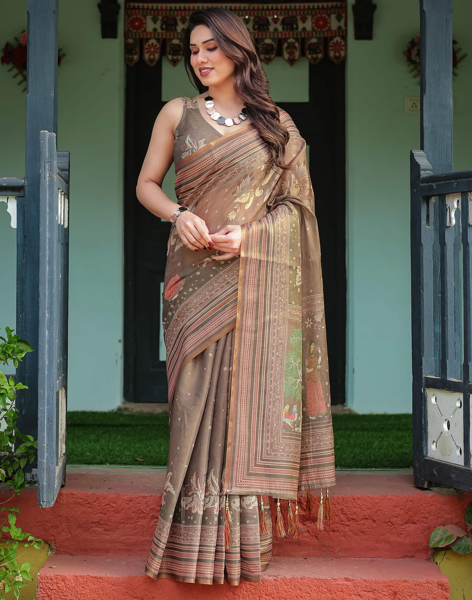 Dark Grey Linen Printed Saree