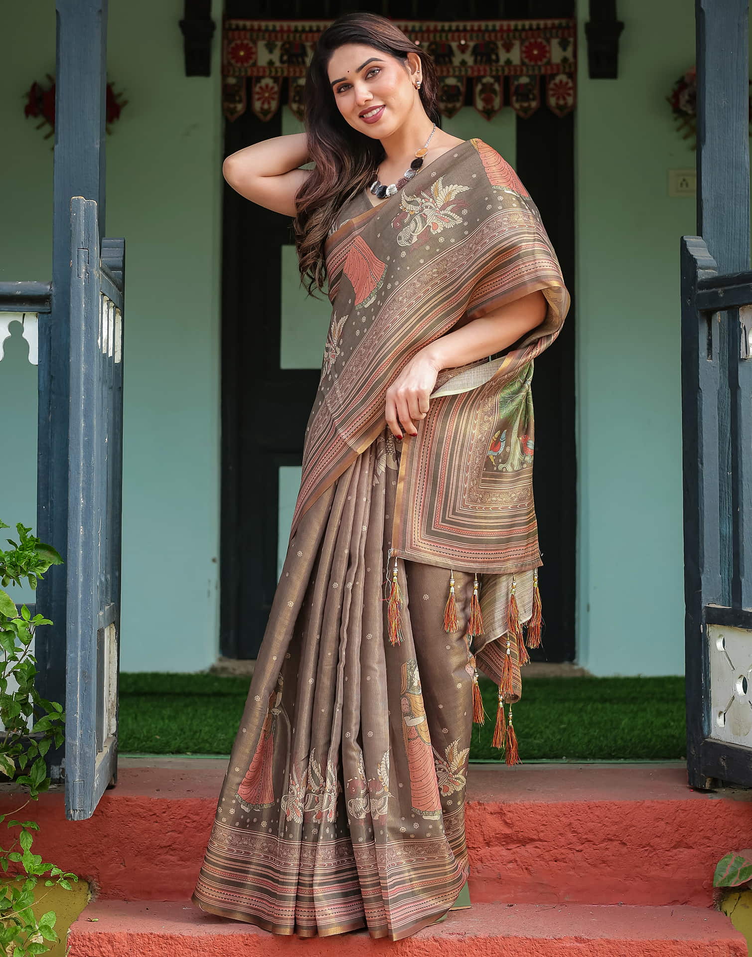 Dark Grey Linen Printed Saree