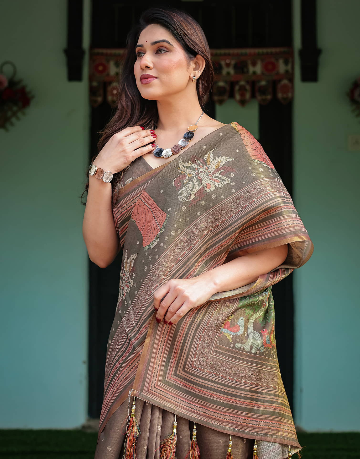 Dark Grey Linen Printed Saree