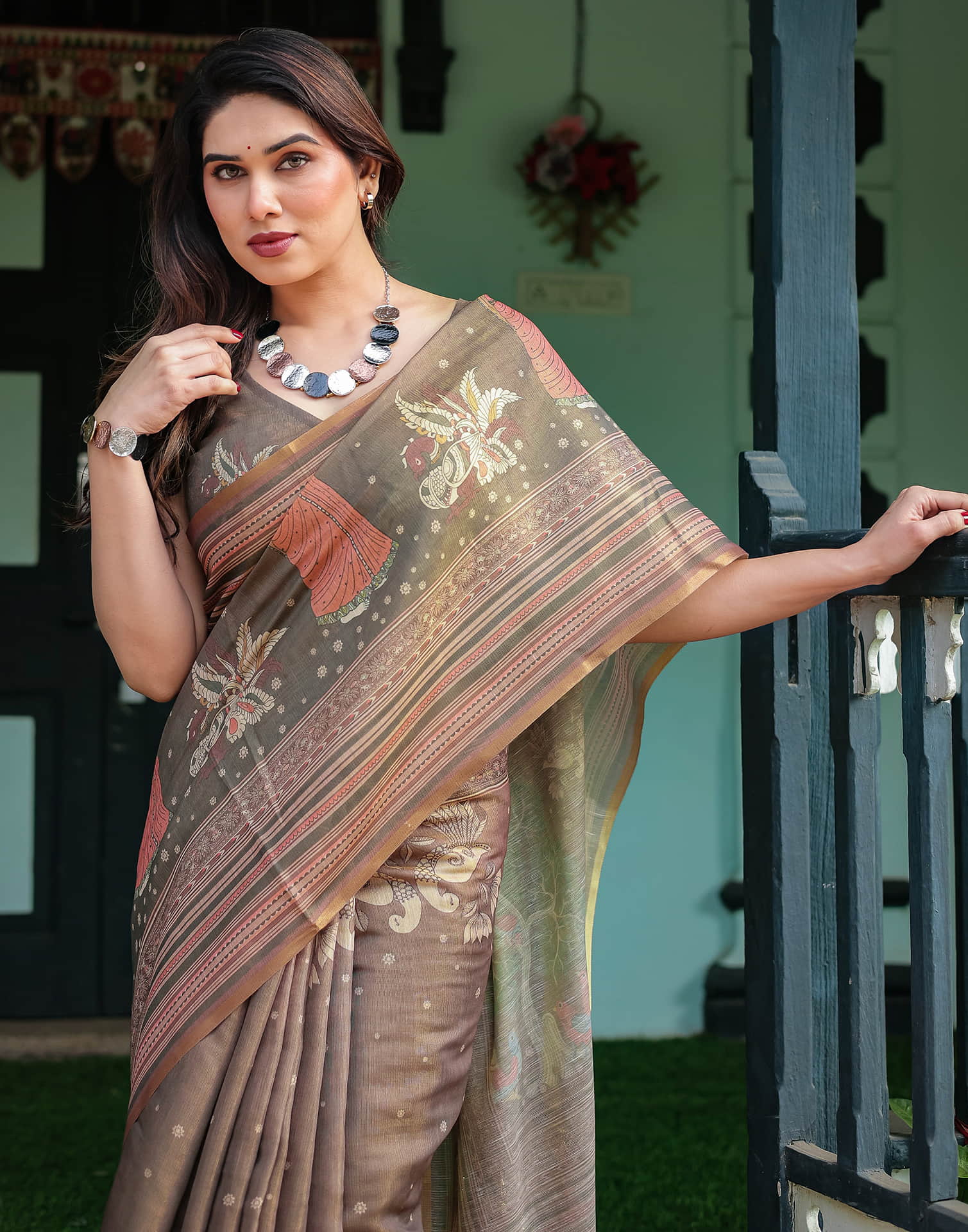 Dark Grey Linen Printed Saree