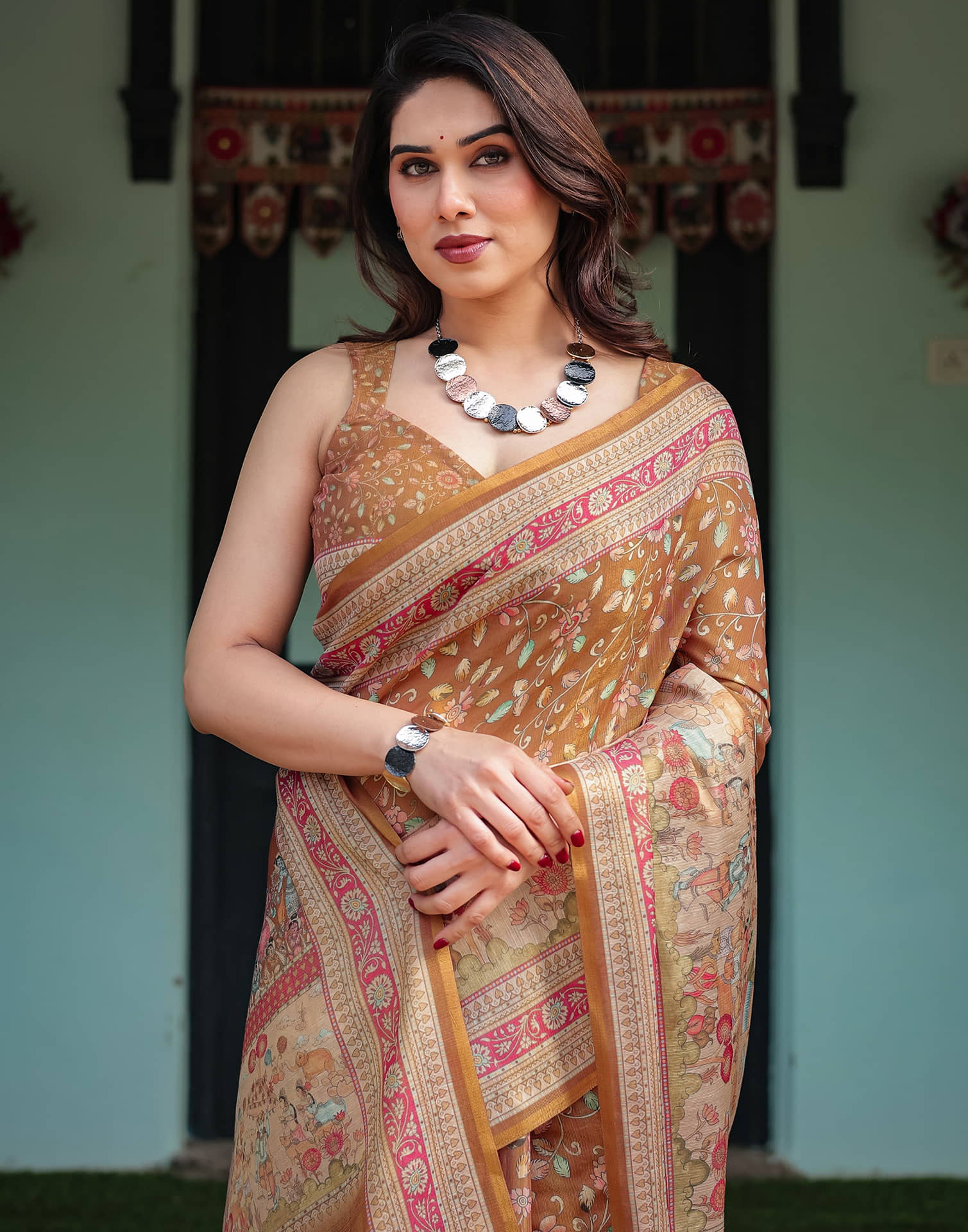 Mustard Yellow Linen Floral Printed Saree