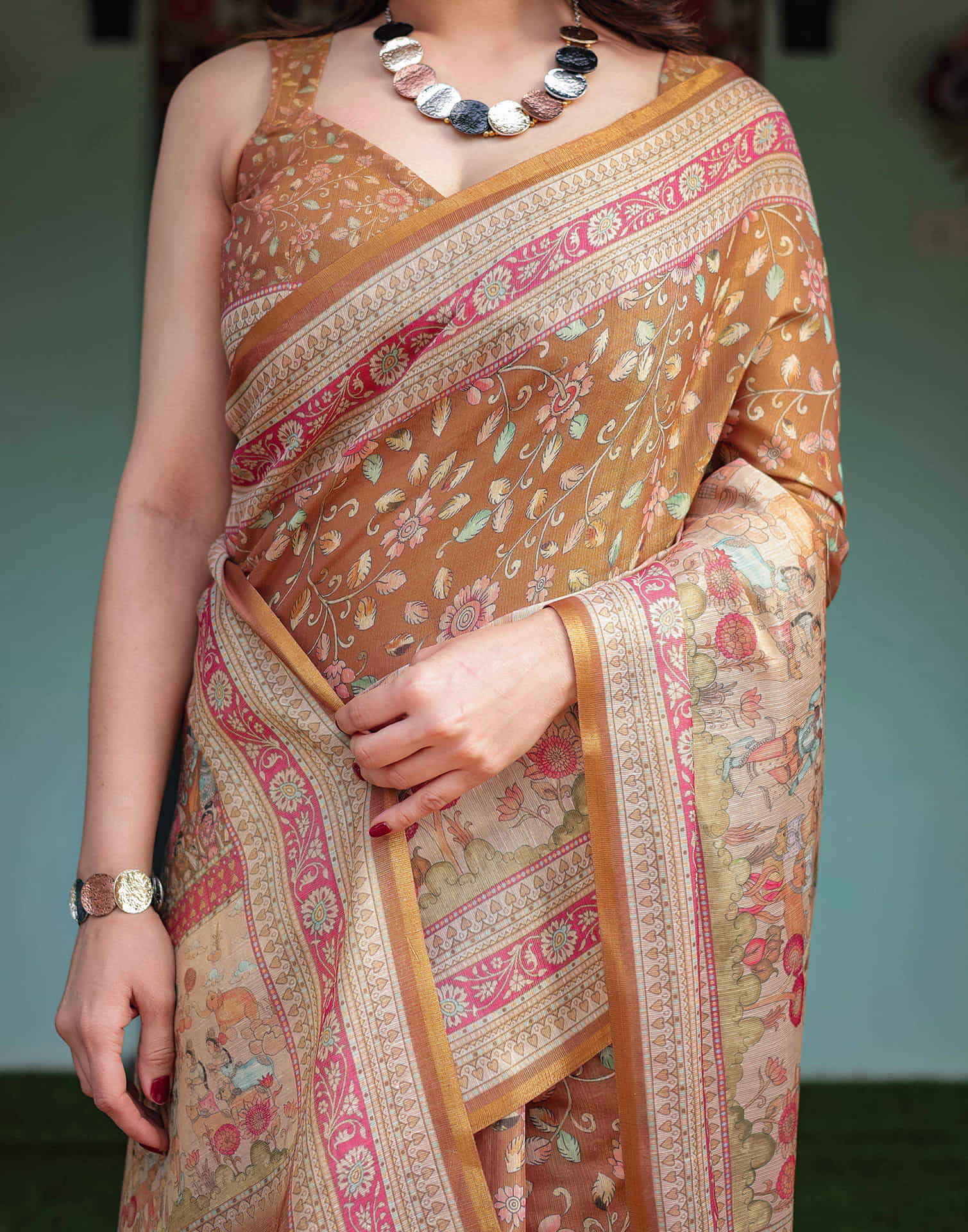 Mustard Yellow Linen Floral Printed Saree