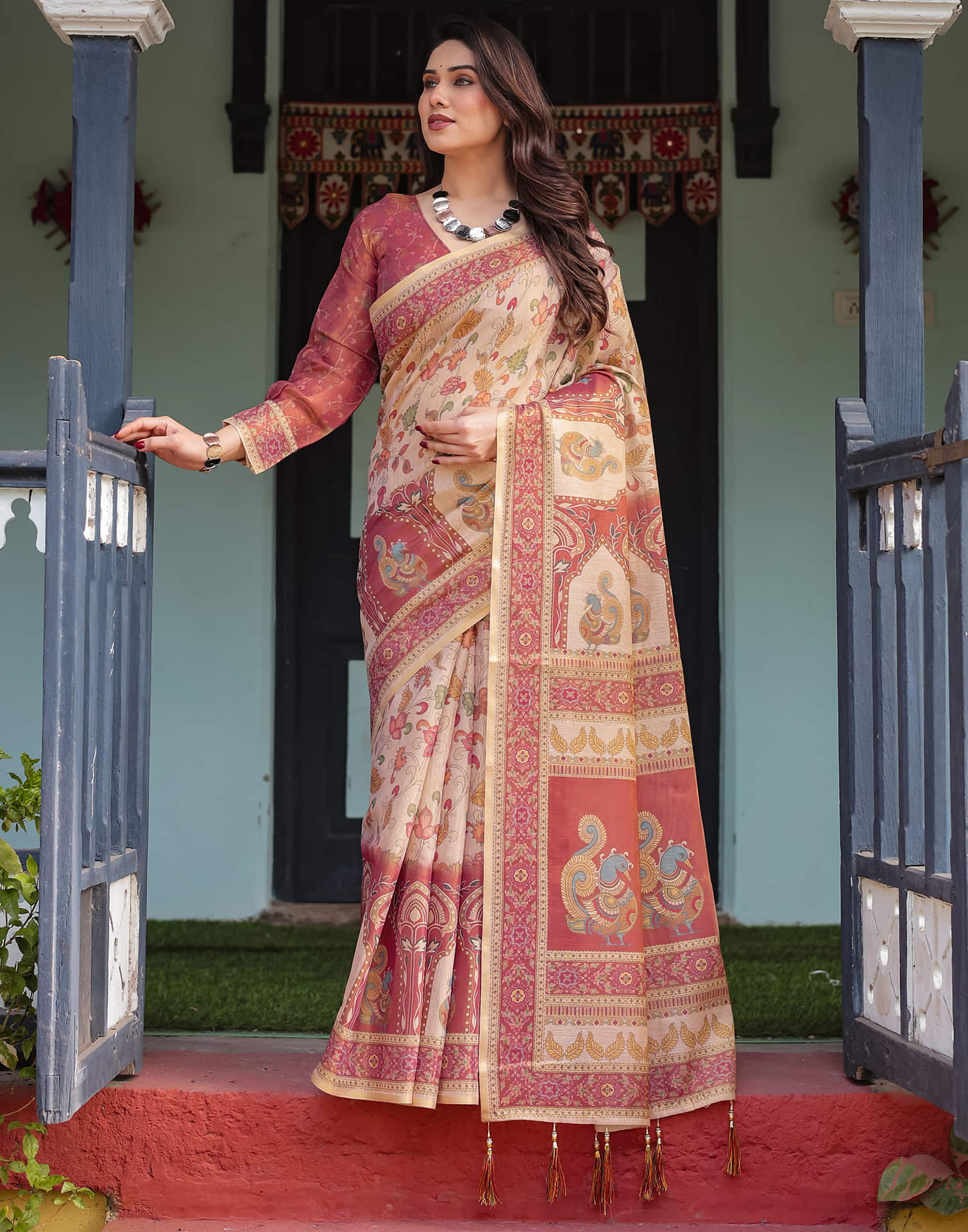 Light Beige Linen Floral Printed Saree