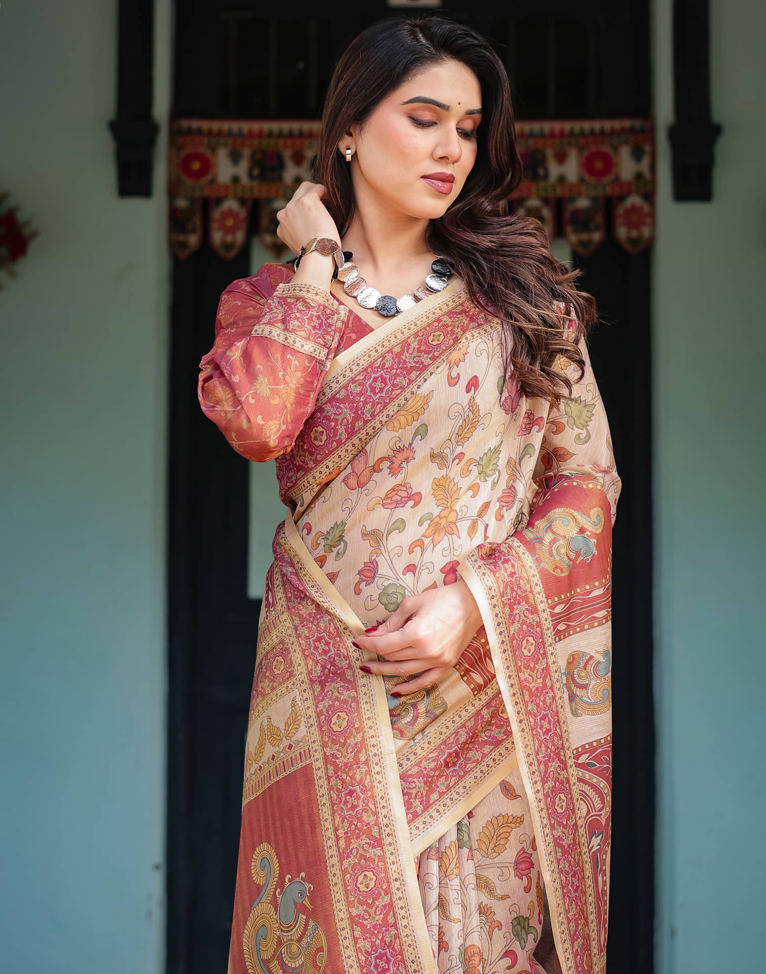 Light Beige Linen Floral Printed Saree