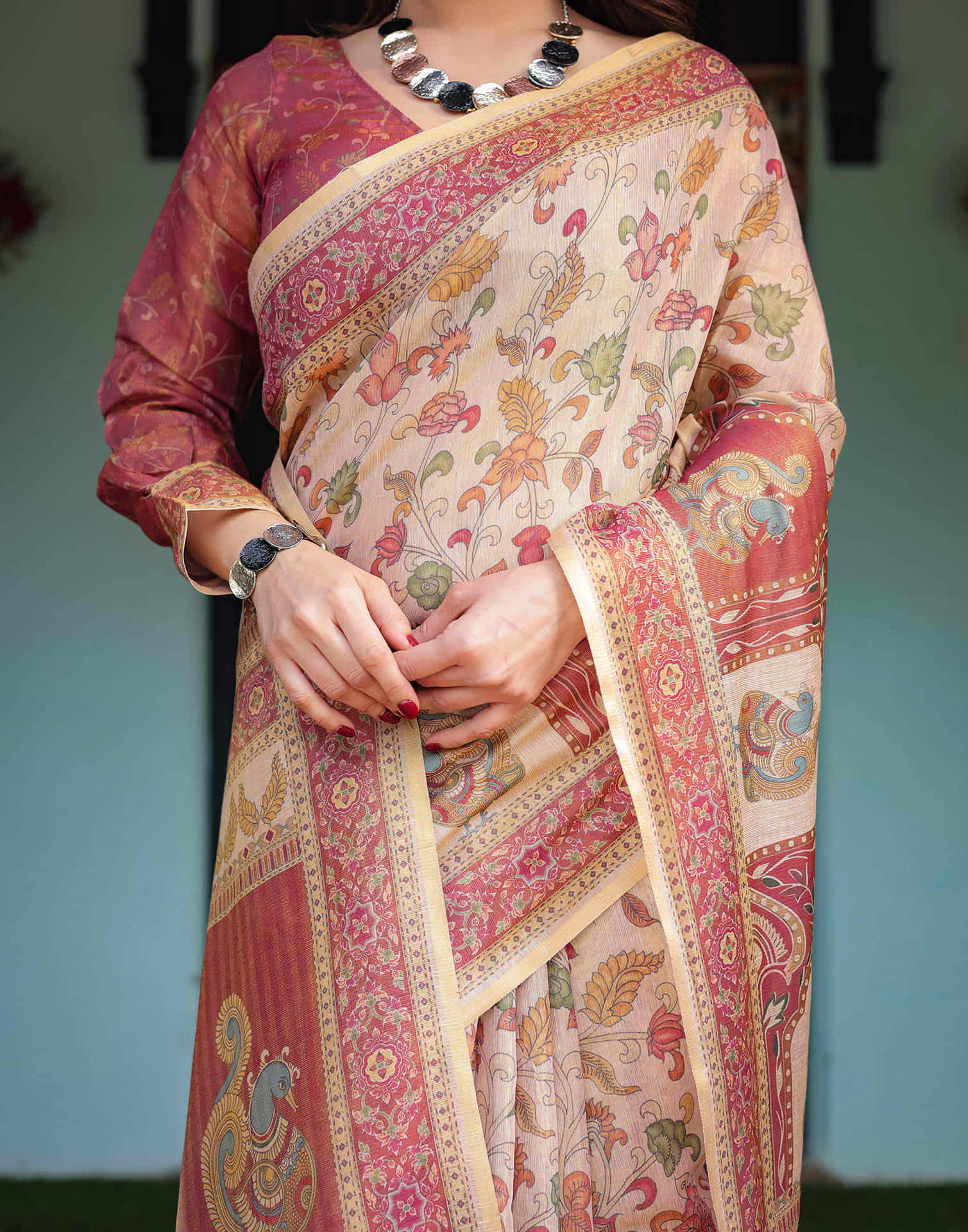 Light Beige Linen Floral Printed Saree