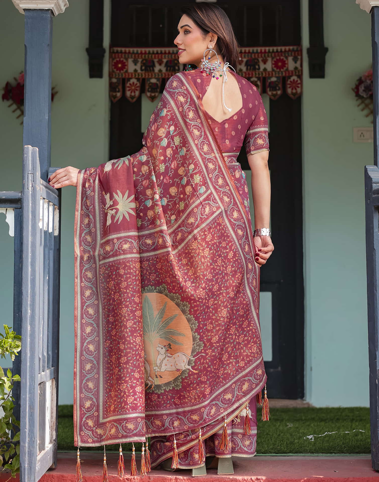 Dusty Wine Linen Printed Saree