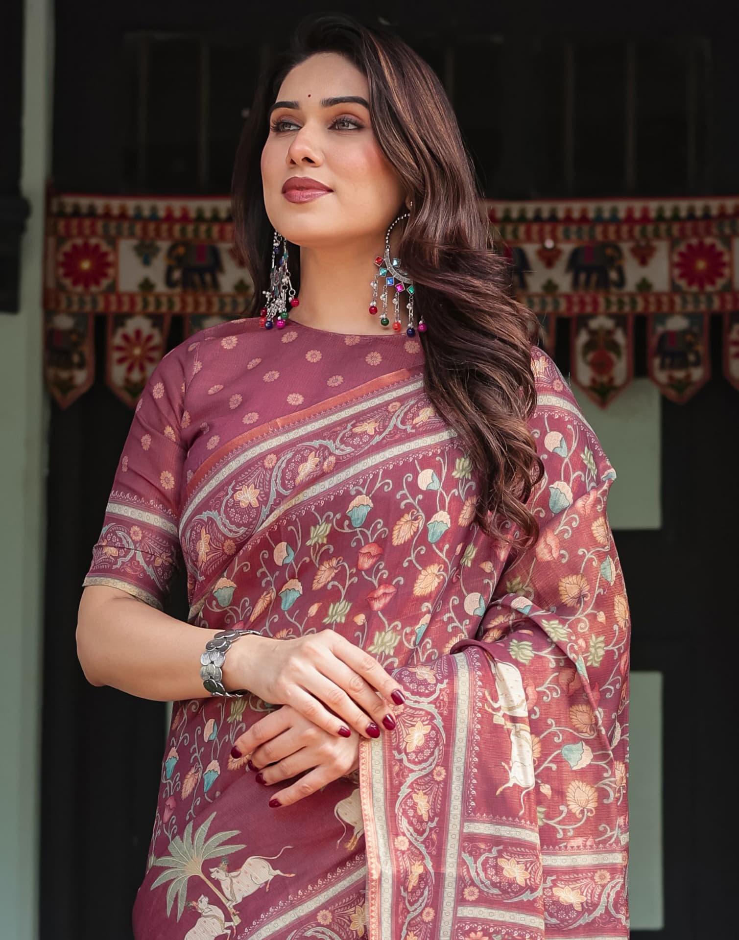Dusty Wine Linen Printed Saree