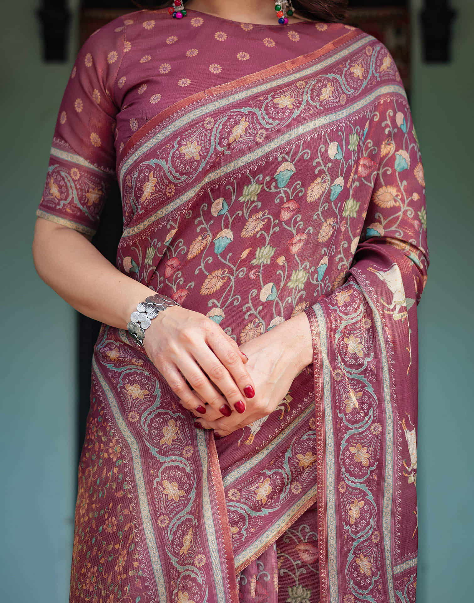 Dusty Wine Linen Printed Saree