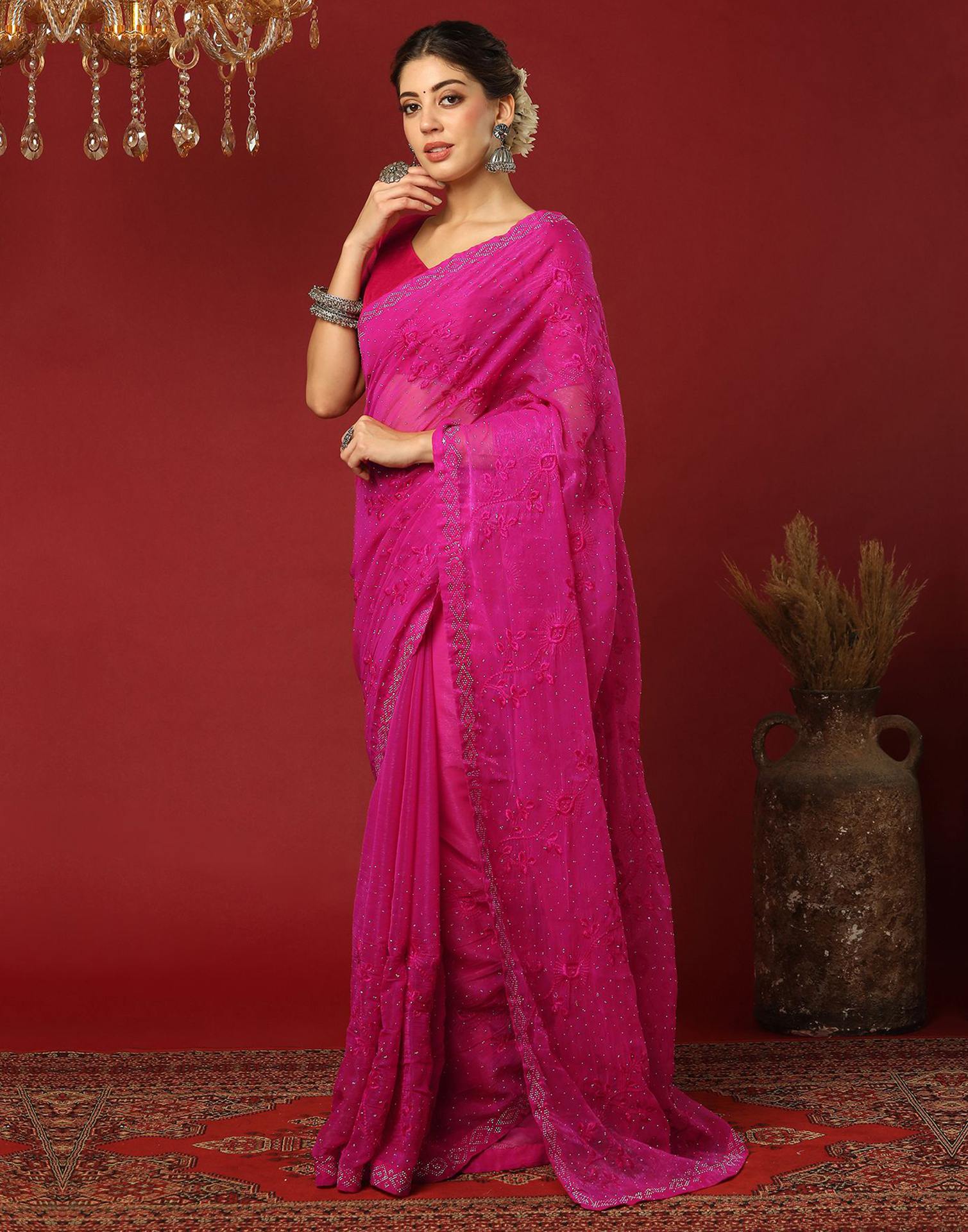 Pink Chiffon Stone Work Swarovski Saree