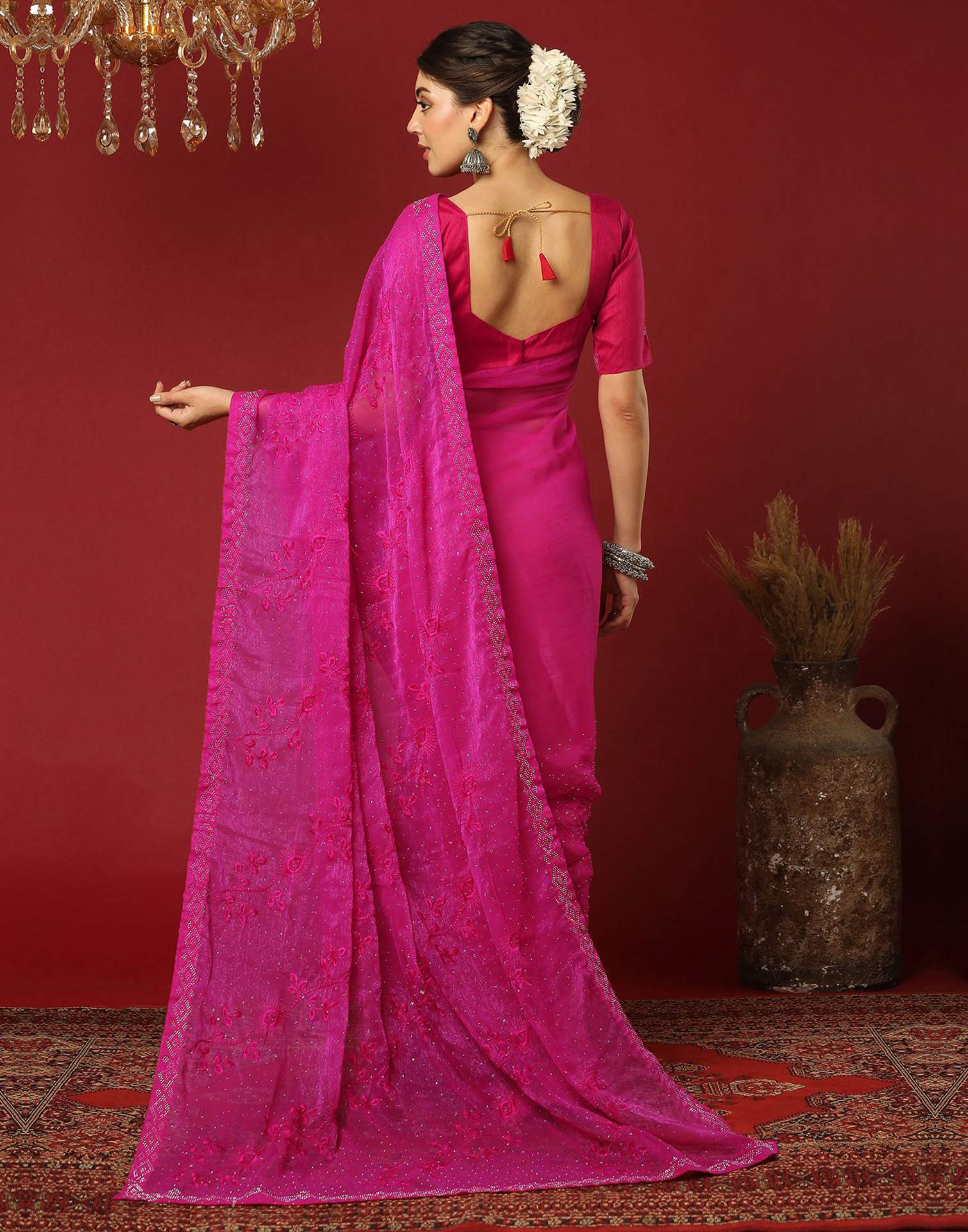Pink Chiffon Stone Work Swarovski Saree