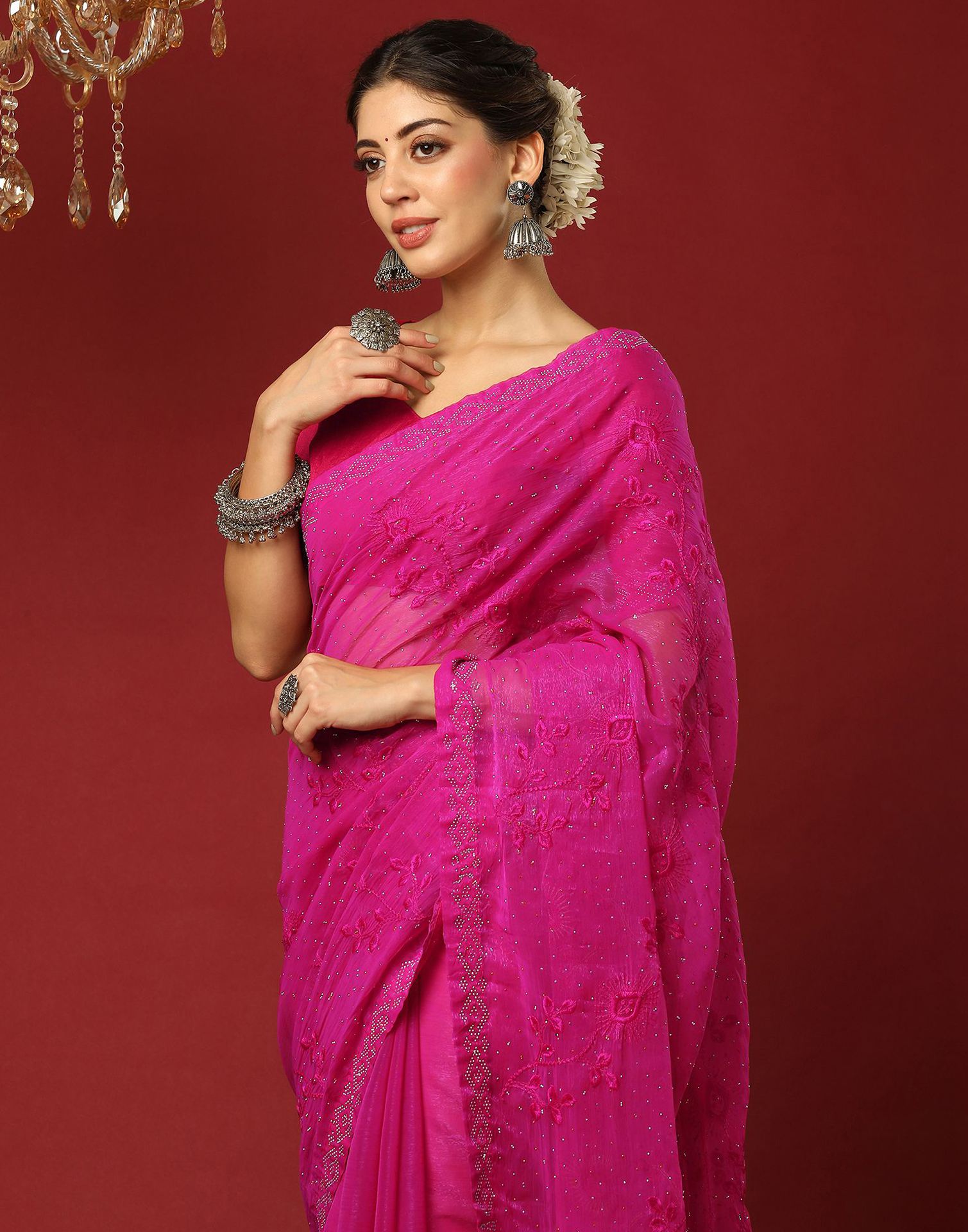 Pink Chiffon Stone Work Swarovski Saree
