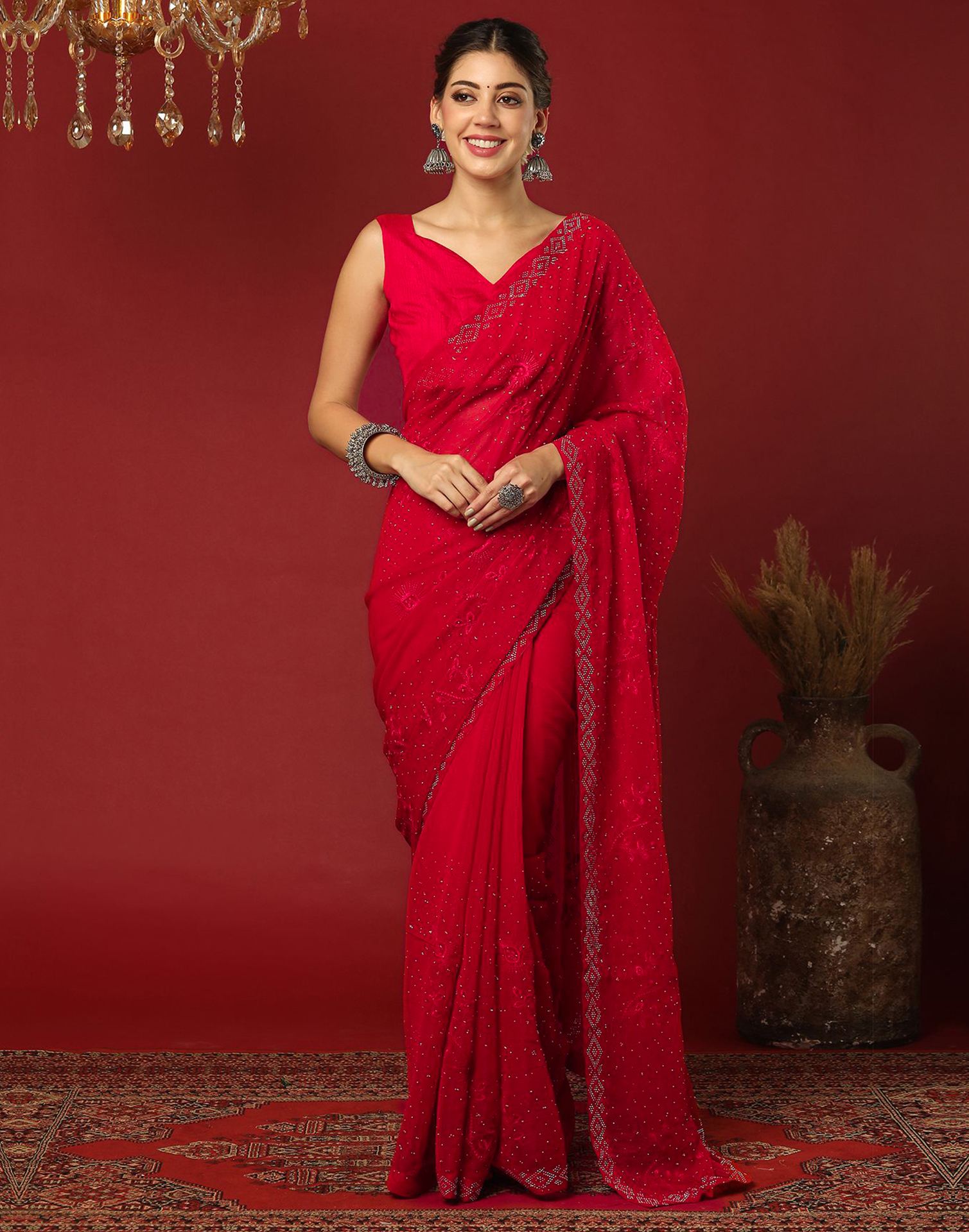 Red Chiffon Stone Work Swarovski Saree