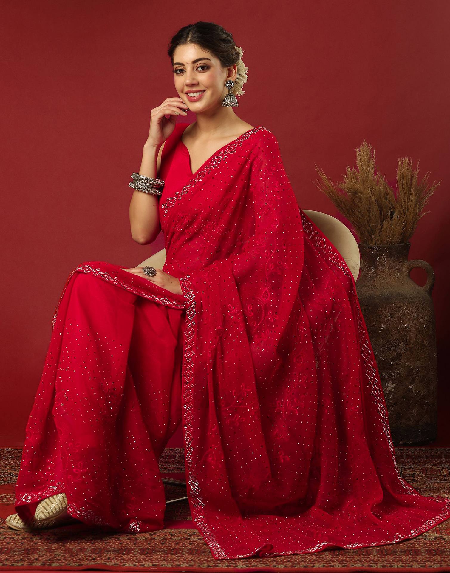 Red Chiffon Stone Work Swarovski Saree