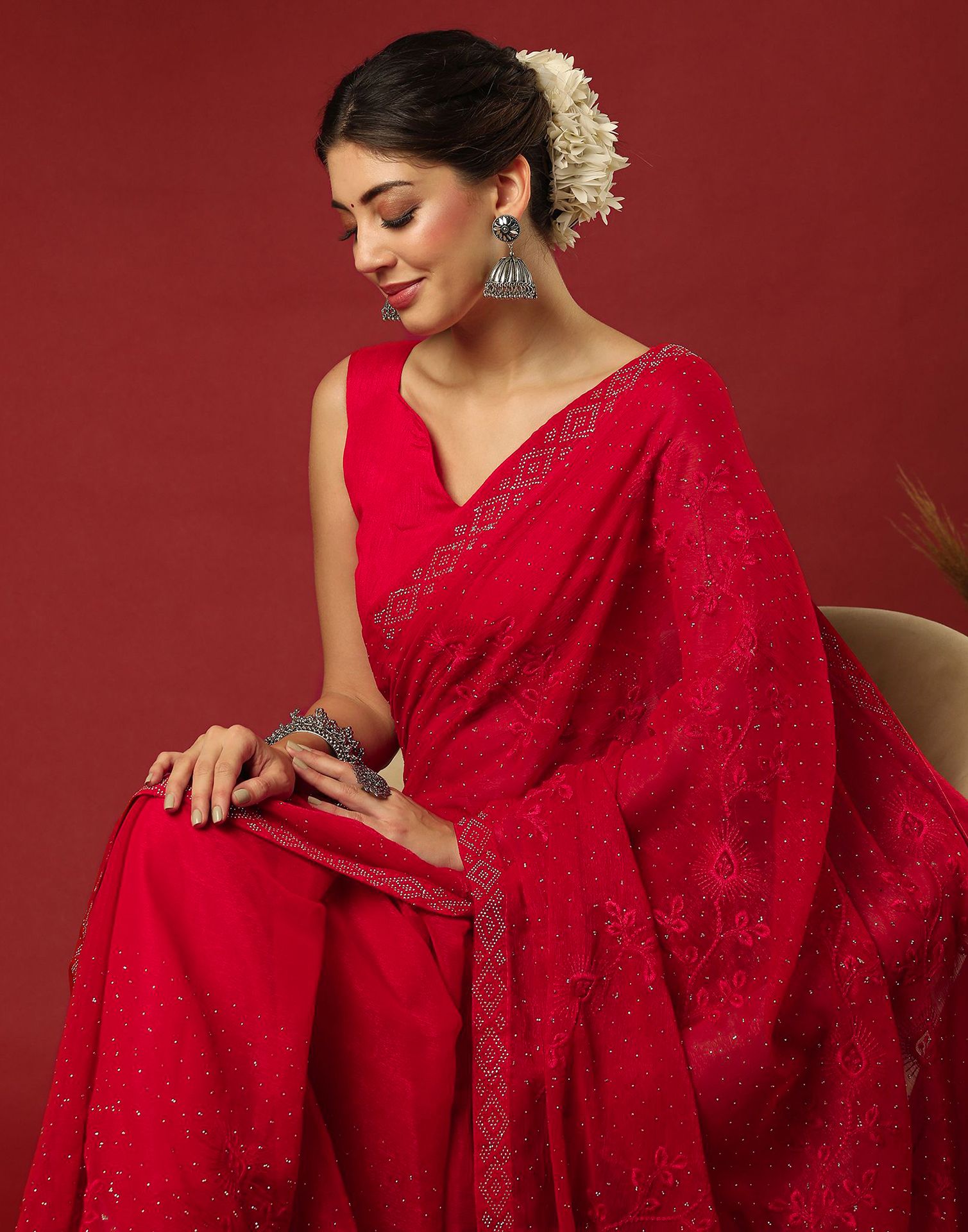 Red Chiffon Stone Work Swarovski Saree